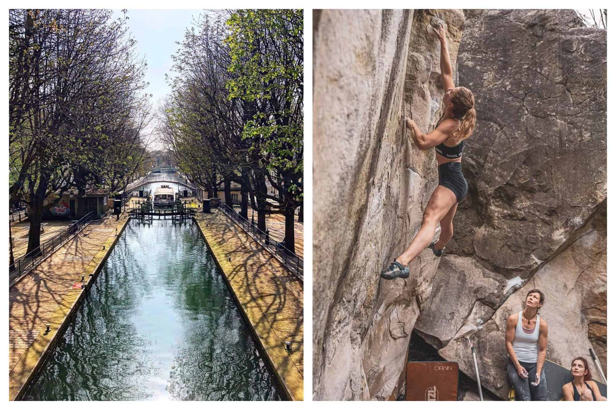 The sky is reflected in the emerald green waters of Canal Saint-Martin. Young Dutch climber Tiba Vroom reachs for a hold on a boulder in Fontainebleau.