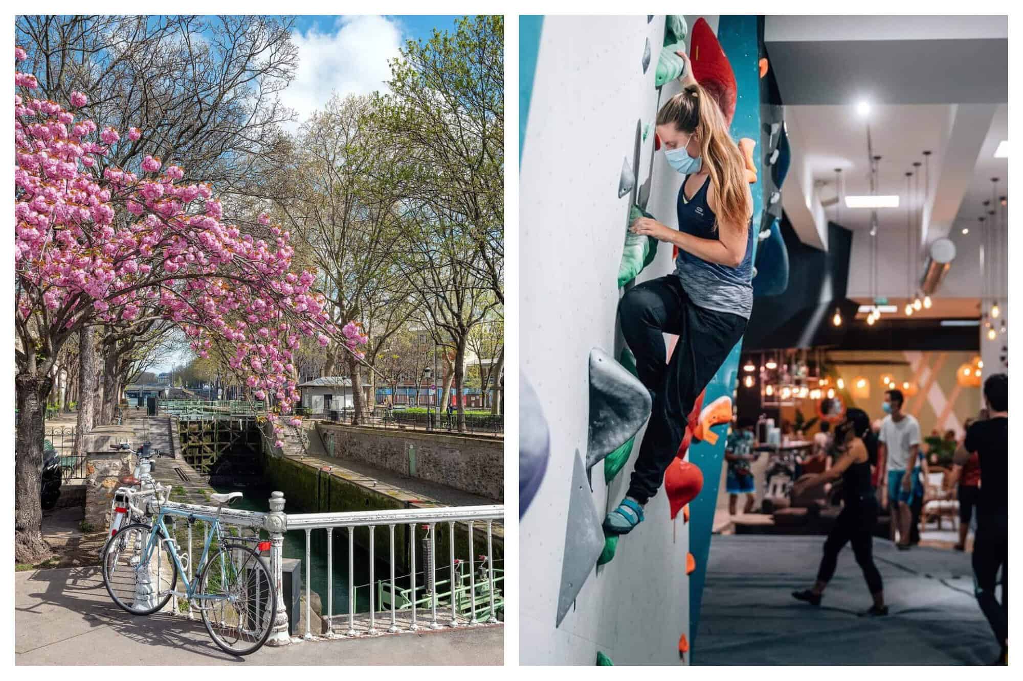 A cherry blossom tree hangs over Canal Saint-Martin and a blue vintage bicycle on a spring day. A young female climber tries out a route in Vertical Art with the busy cafeteria in the background.