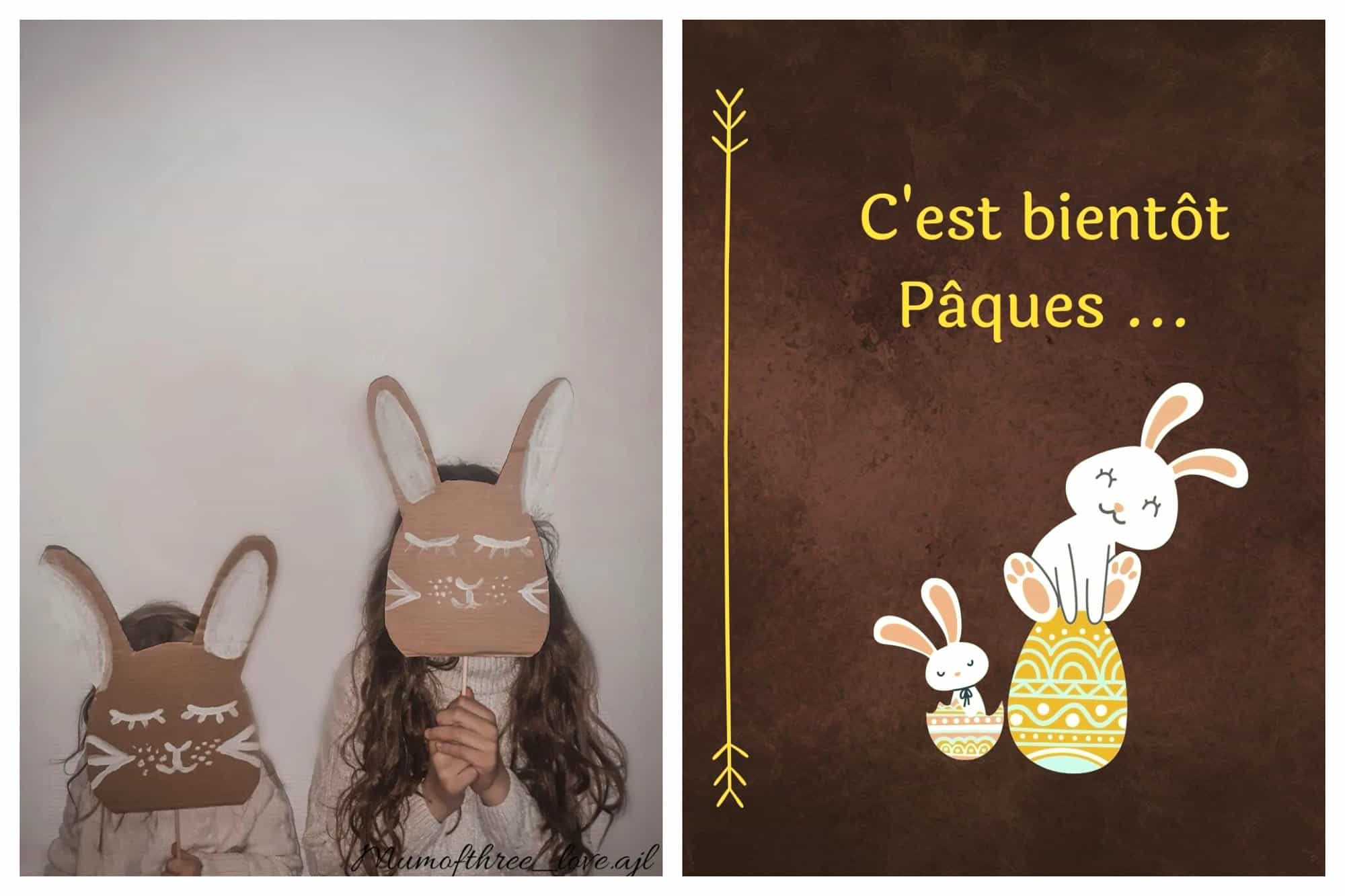Left- 2 young girls hold hand made Easter bunny masks in front of their faces. 
Right- An ad is shown with 2 Easter bunnies in eggs. 