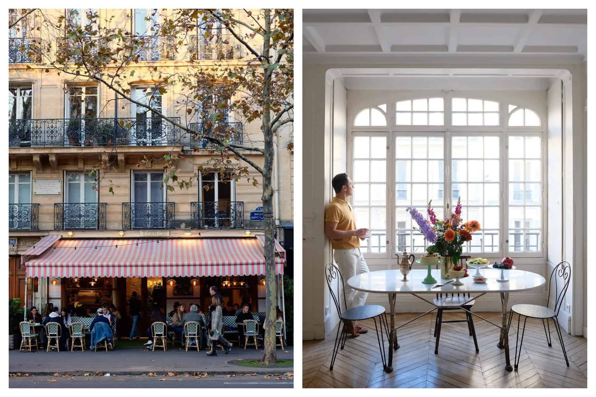 Left: A cafe with a red and white stripe awning is shown in St. Germain, Paris. Right: Frank looks out the window of his cake studio. A table is set with cake, a tea pot, and flowers. 