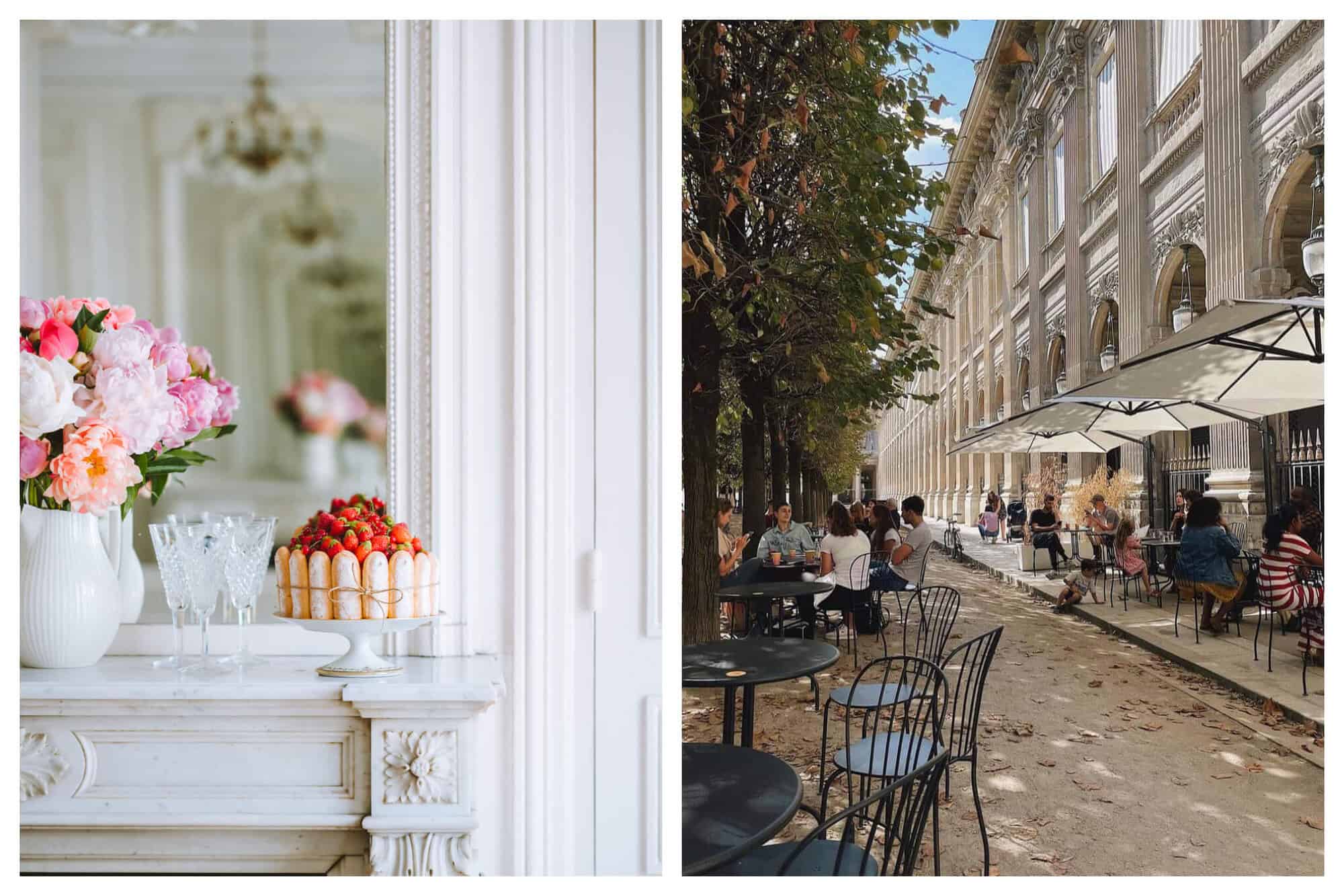 Left: A cake is shown on a mantle with champagne flutes and flowers. Right: People enjoy dining outside a Parisian cafe. 