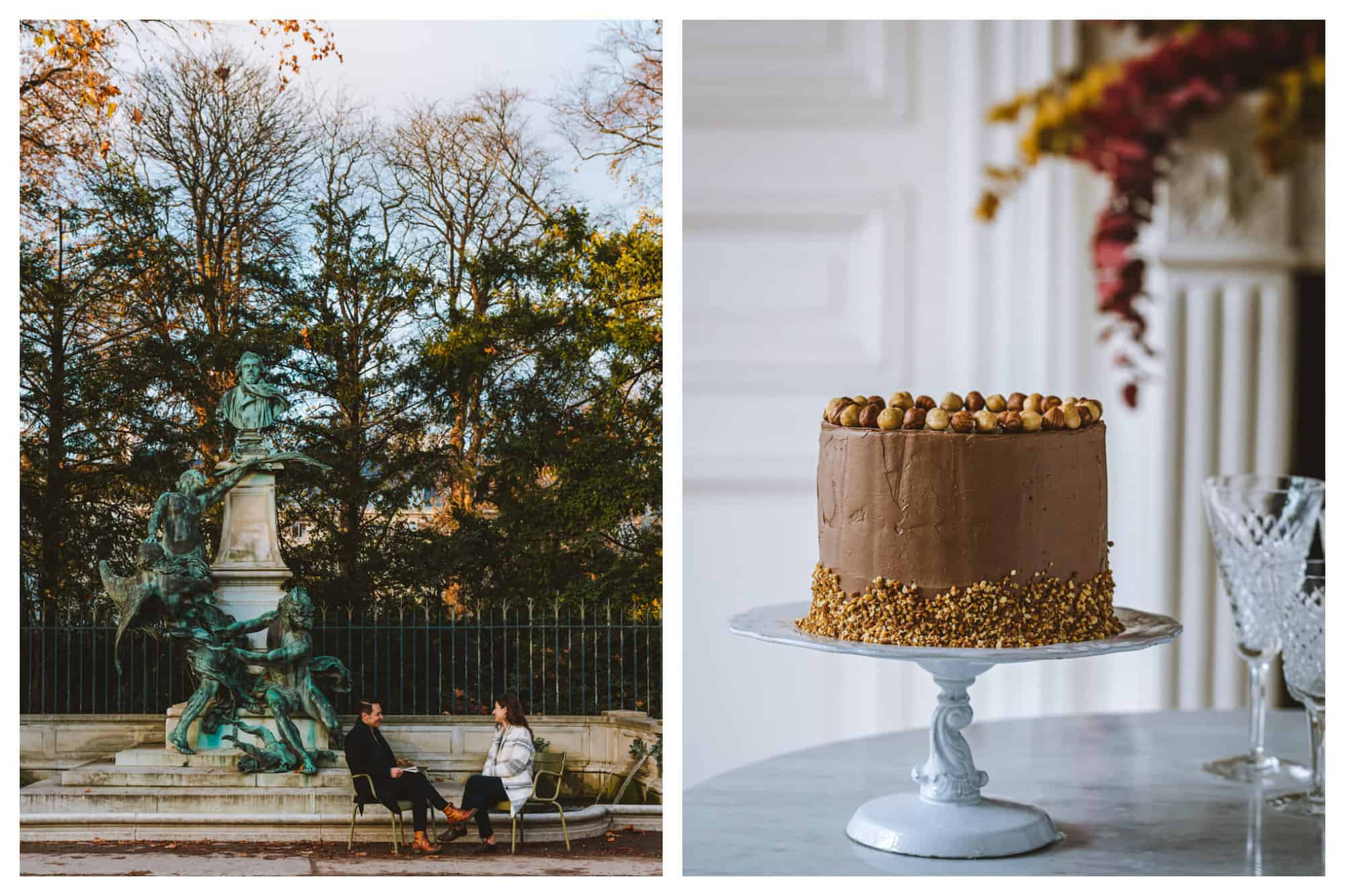 Left: A man and woman sit in front of a statue at the Luxembourg Gardens. Right: A praline cake is shown on a white cake stand.