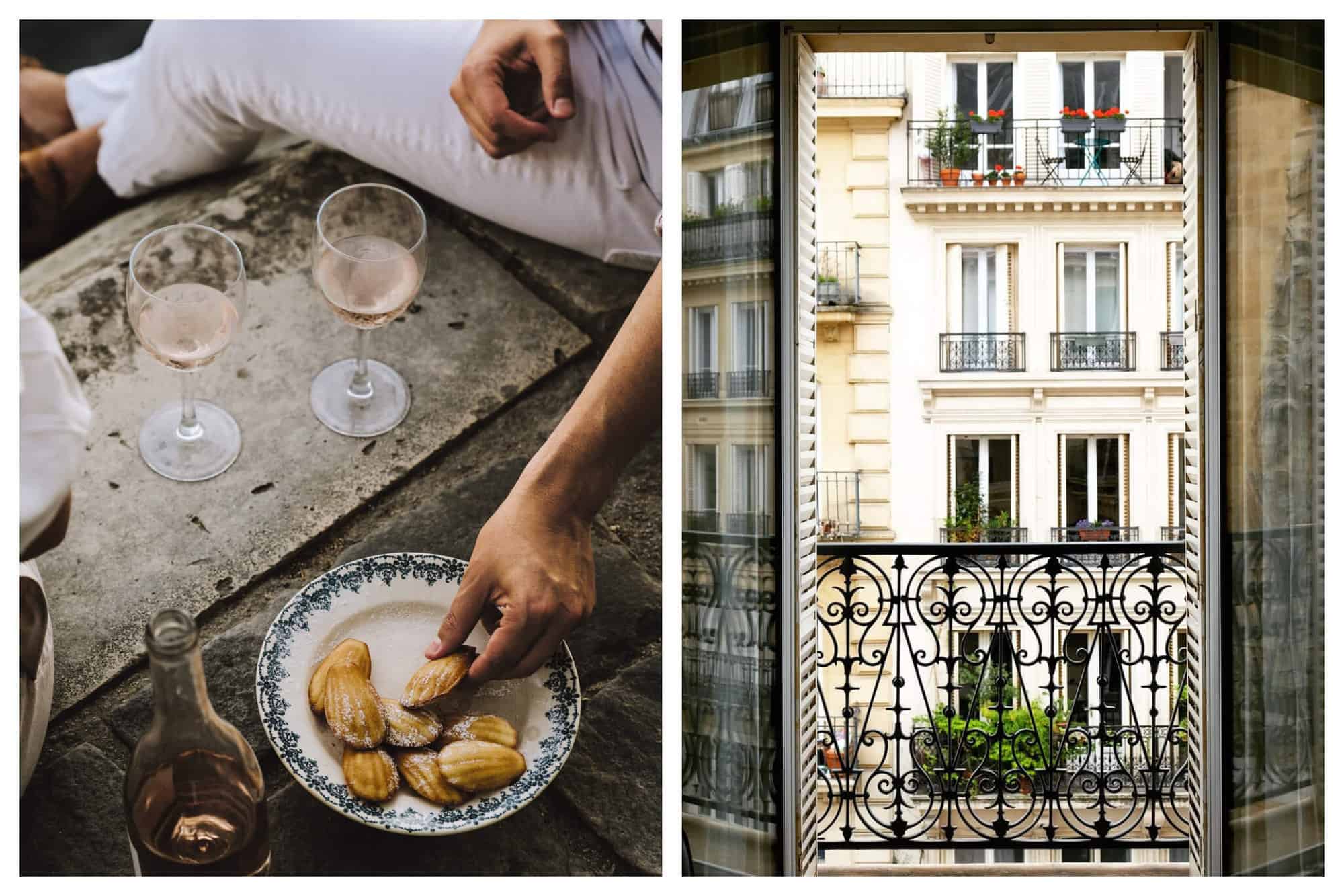 Left: Lavender honey madeleines are being placed on a blue and white plate. 
Right: A view is shown from a traditional black wrought iron balcony in Paris. 