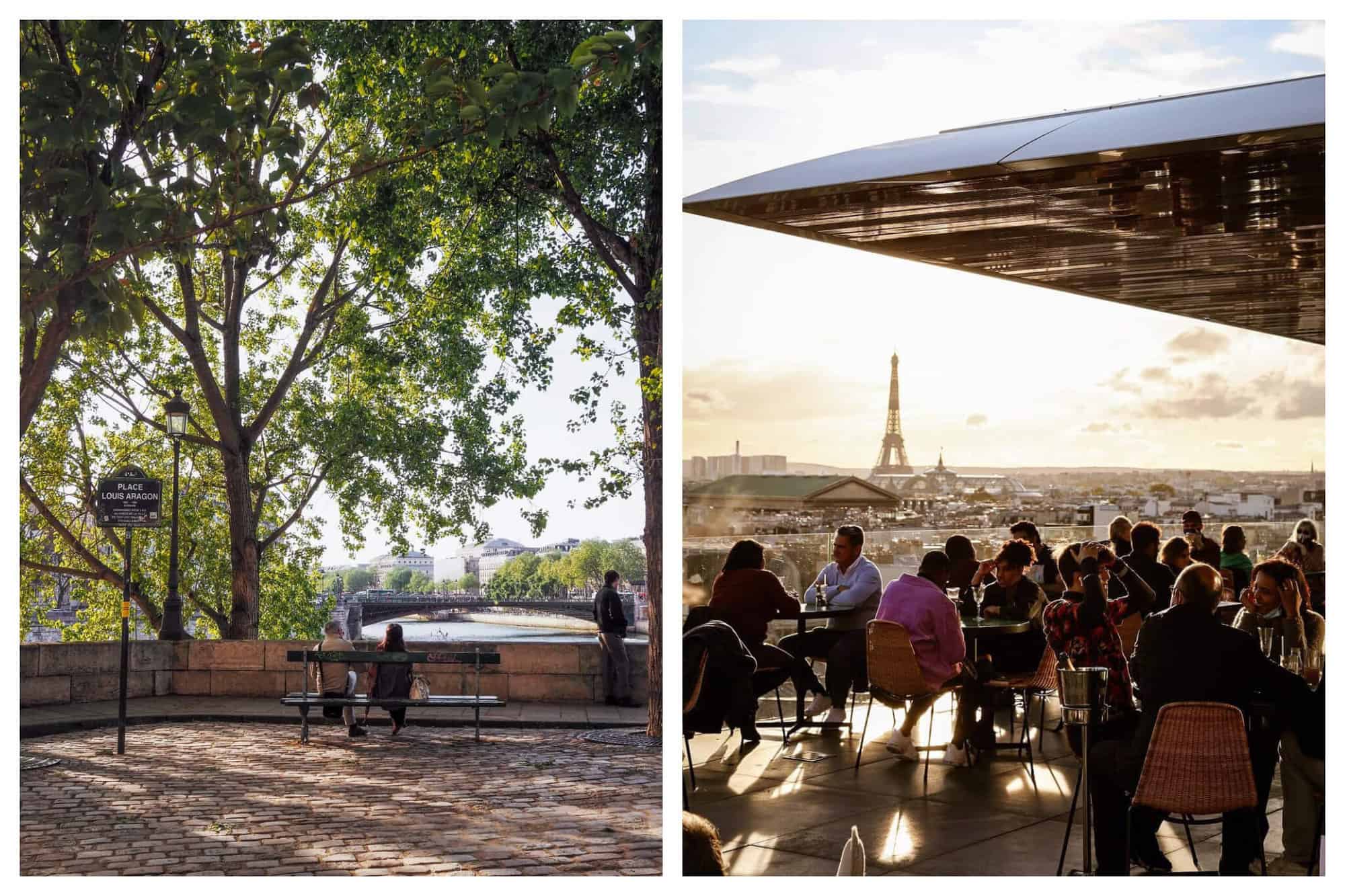 Right: A couple are sitting in a green bench overlooking the Seine. Right: Parisians in a rooftop restaurant overlooking the Eiffel Tower.