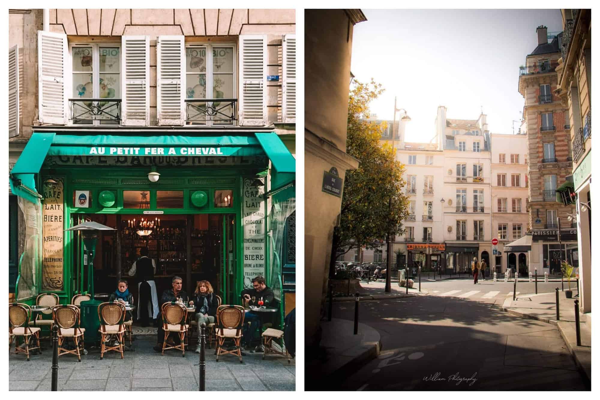 Right: A Parisian bistrot with green walls and decor and beige basket chairs. Left: A quiet Parisian street with white buildings and a green tree.