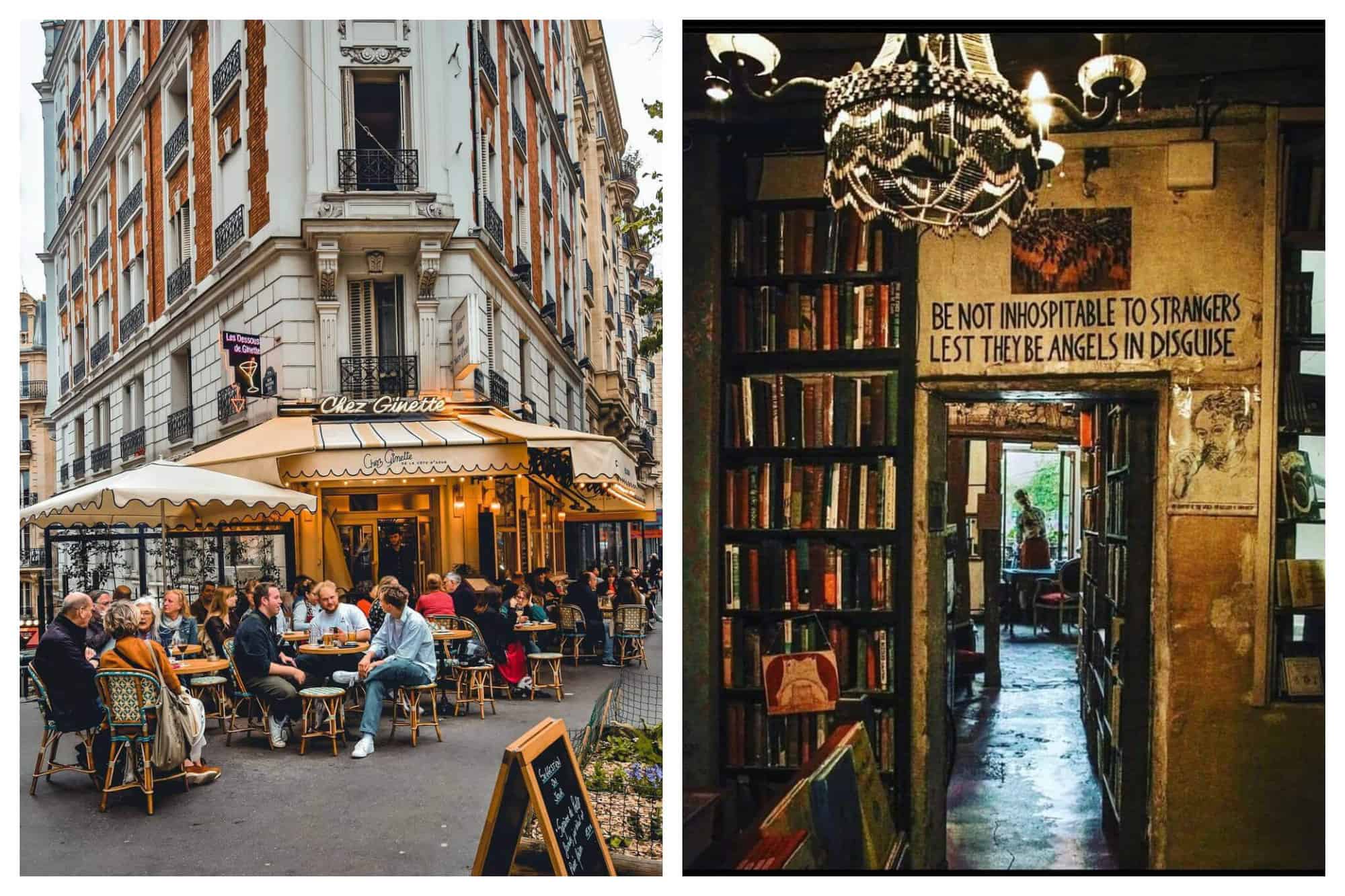 Left: Parisians enjoy happy hour at a bistrot with beige parasols. Right: A rustic bookstore with beige walls and a black chandelier.