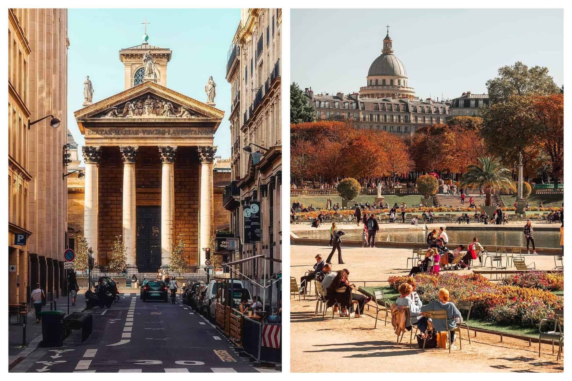 Left: An old church with greek-fashioned beige pillars. Right: Parisians are sitting in gray chairs in a park surrounded by trees with brown leaves.