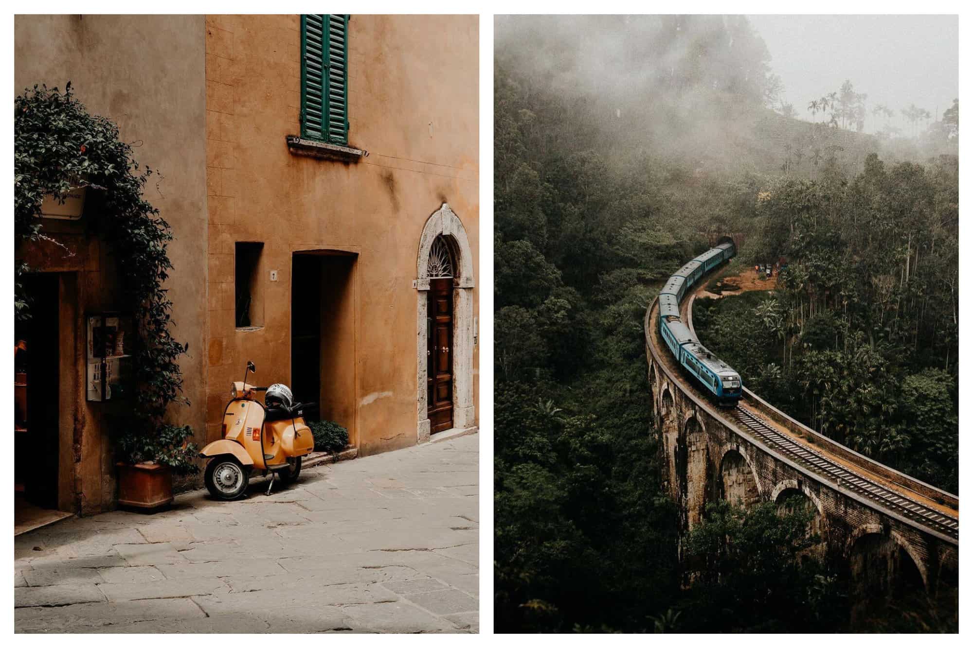 An old orange scooter is parked next the faded walls of a townhouse in Pienza. A train travels over a viaduct through the forests of Nepal.