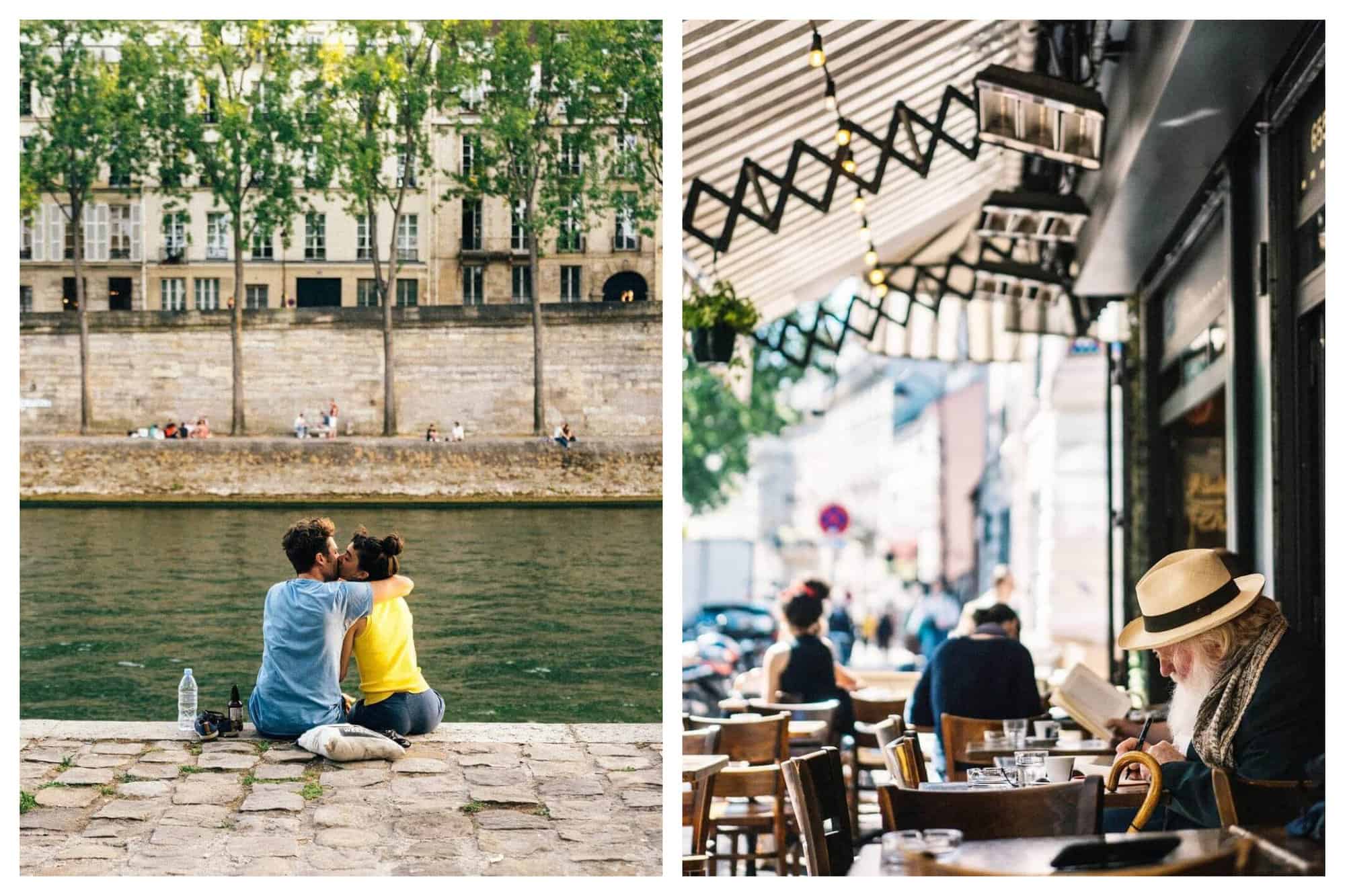 A couple kissing sitting on the ground by the Canal Saint-Martin. An old man reading a book outside a cafe in Paris.