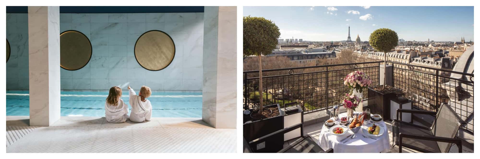 Left- 2 young children sit poolside. 
Right- A terrace is shown with a breakfast. It shown views of the Eiffel Tower. 