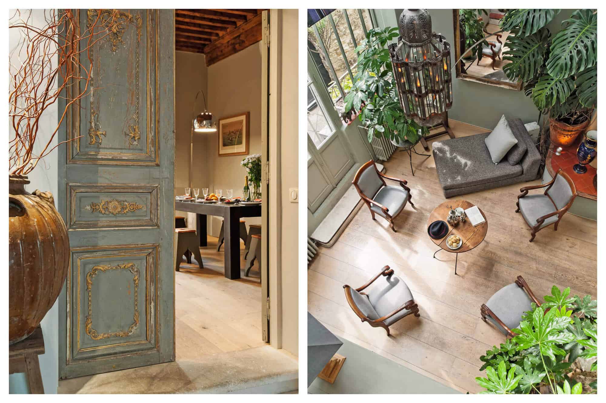 The distressed vintage door opens up to the dinner table beyond. Overhead view of the garden room's table and chairs with ornate light fixture hanging down.