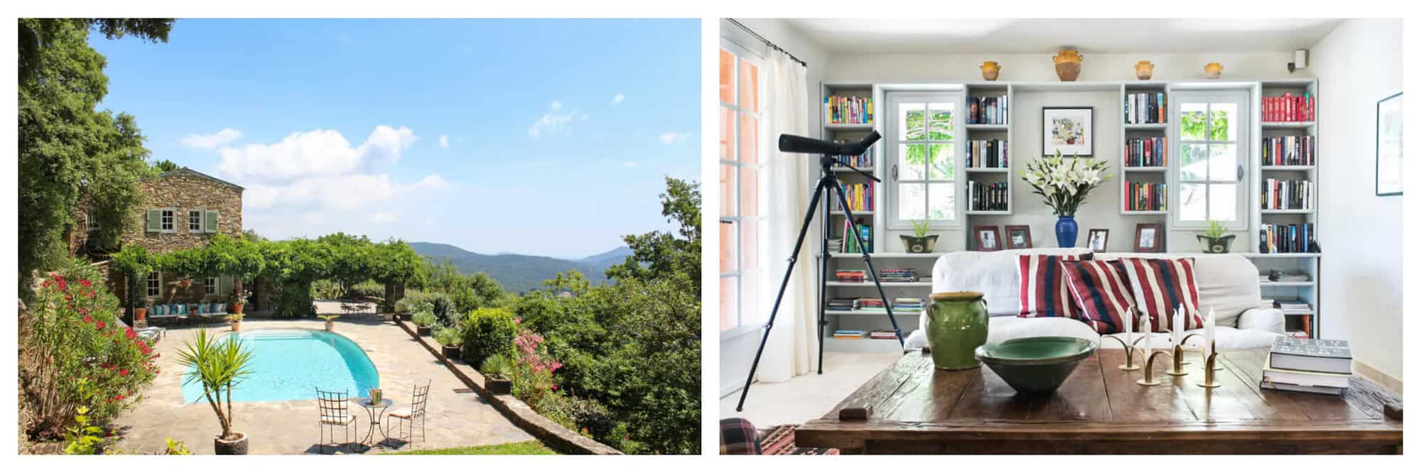 Turquoise pool and views of the sprawling countryside at Guardian Hill. The white modern living room with a stargazing telescope pointing out of the window.