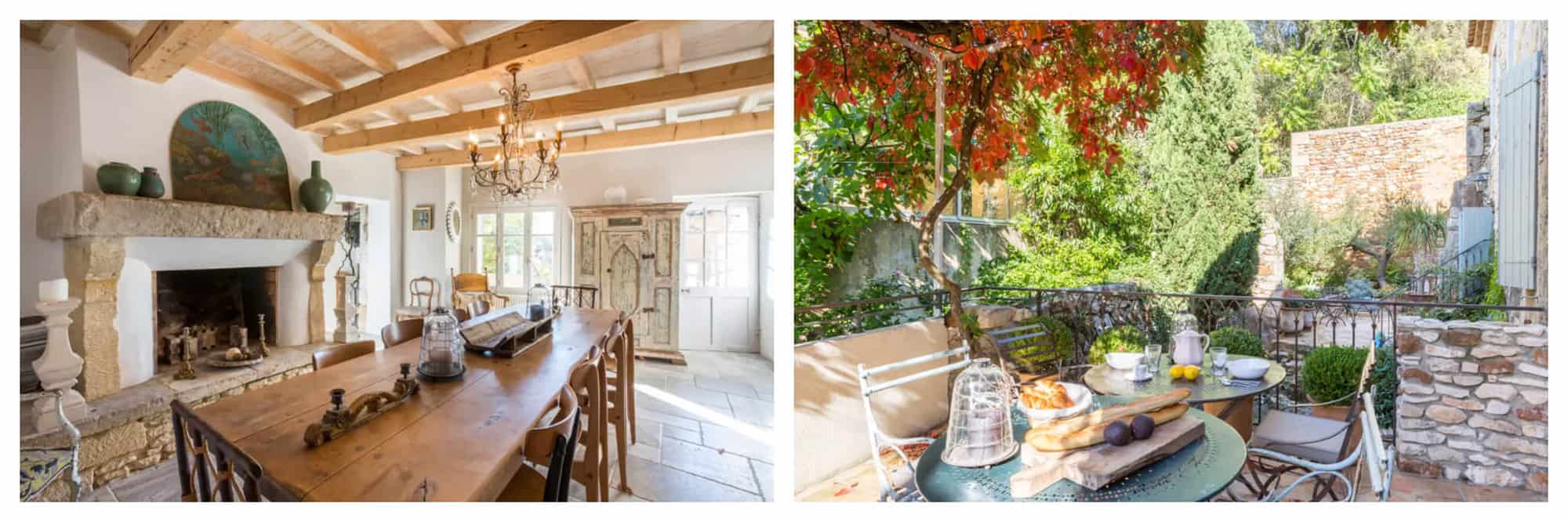 A light and airy dining room at Here Comes the Sun has a large table and beams with a vintage candelabra above. The shaded terrace has a table ready for lunch with bread and fruit.