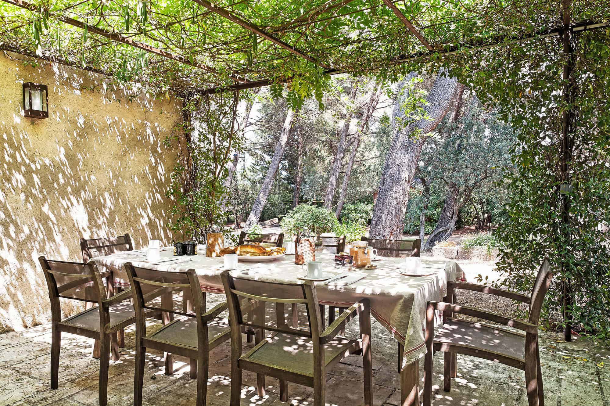 The terrace of St Remy Zen has a table laid out for lunch with a canopy of plants and ivy giving shade,