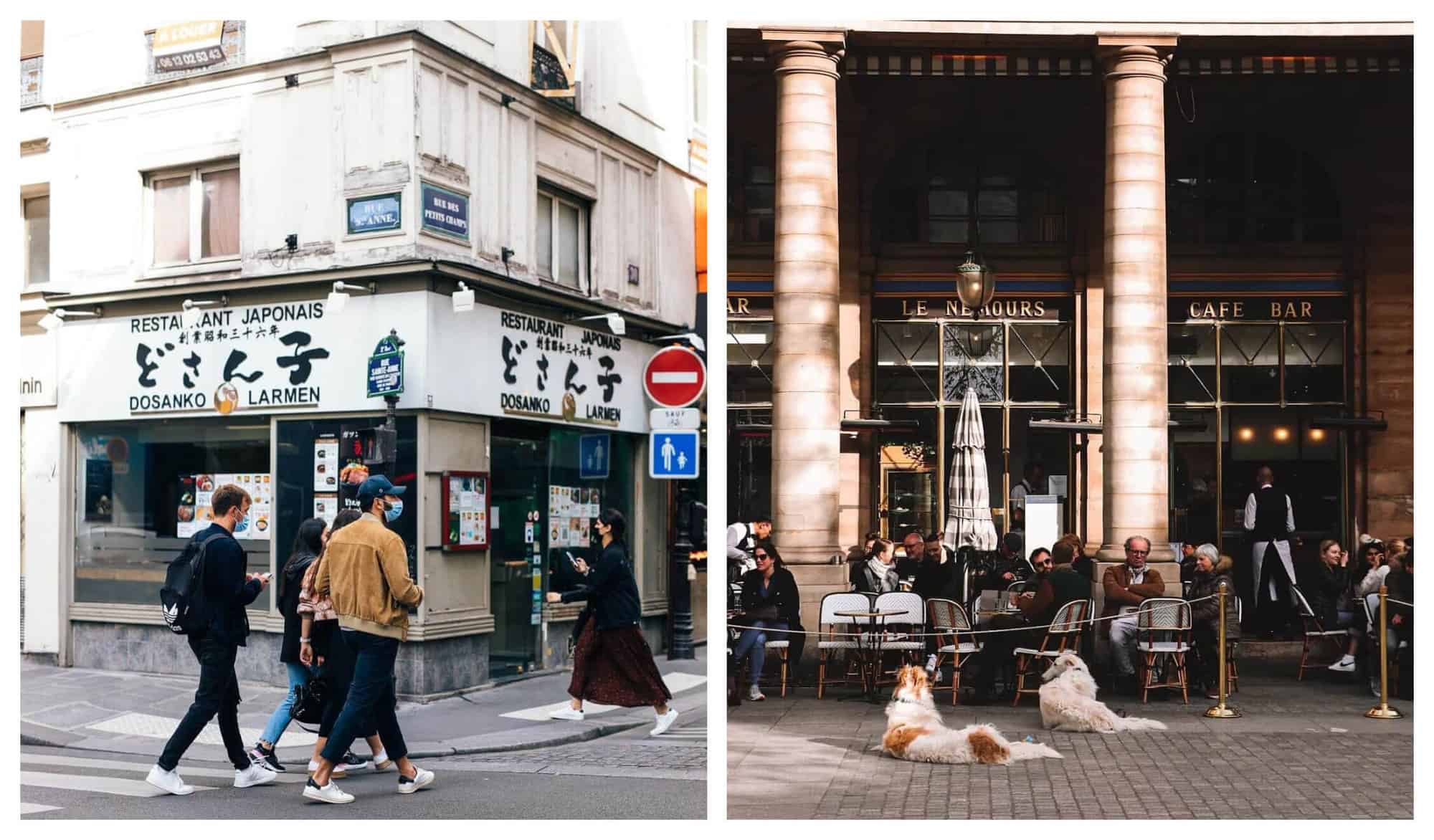 Left: 4 friends walk past a restaurant with white walls and beige finishings. Right: 2 large white dogs are sitting on the ground in front of a Parisian terrace.
