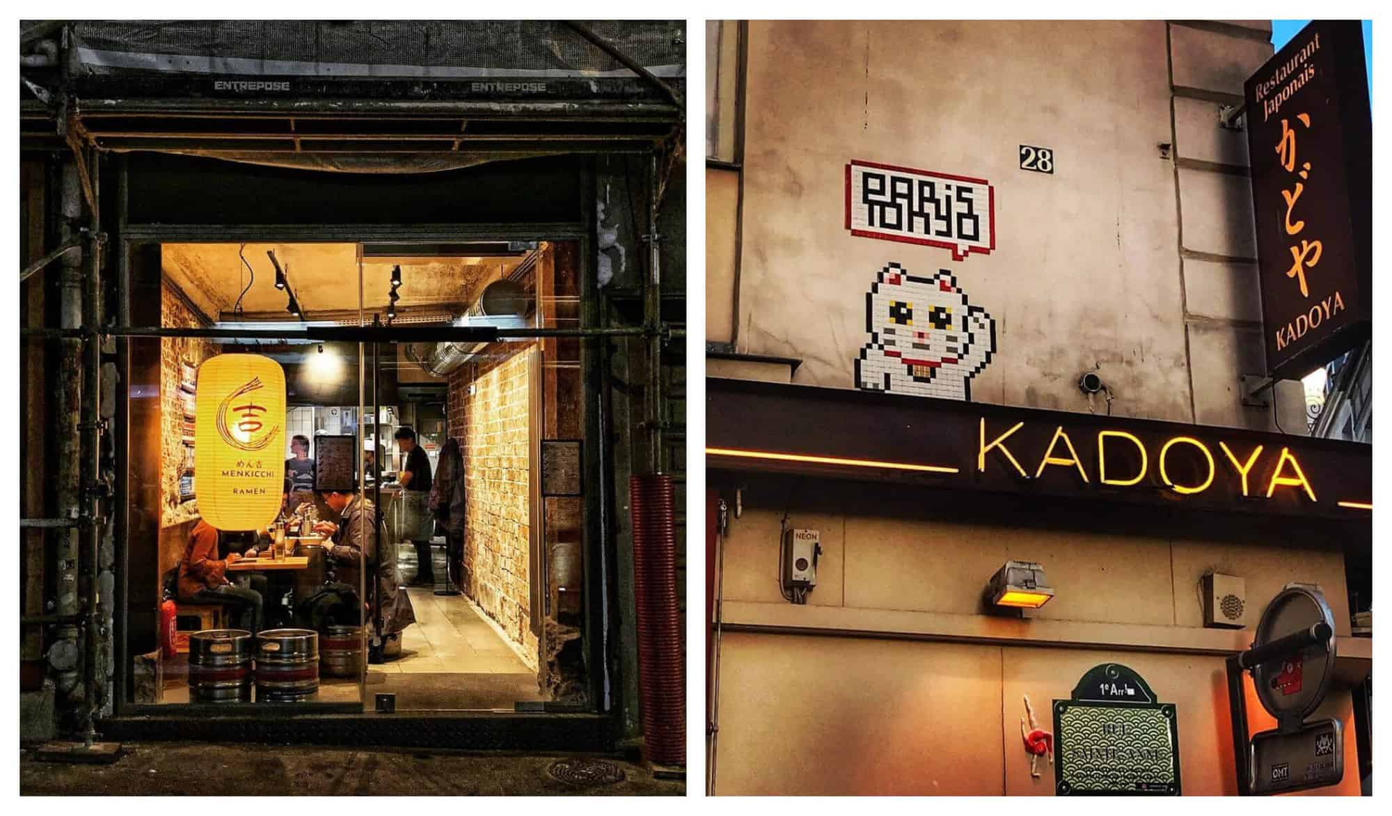 Left: A restaurant with warm light, brick walls, and beige flooring. Right: A pixel wall art of a white kitten on top of a restaurant. 