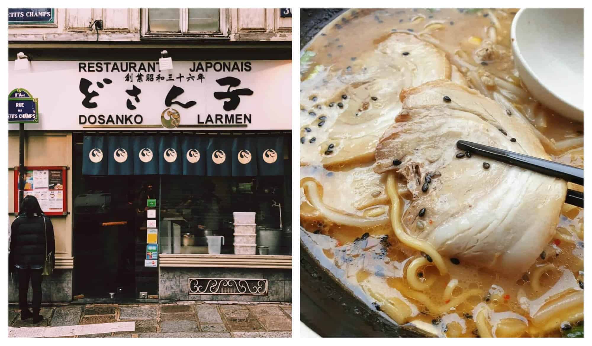 Left: A lady in black reads the menu of a Japanese restaurant with white and beige walls and blue curtains. Right: A Japanese ramen with beige pork cuts, black sesame seeds, yellow noodles, and beige broth.