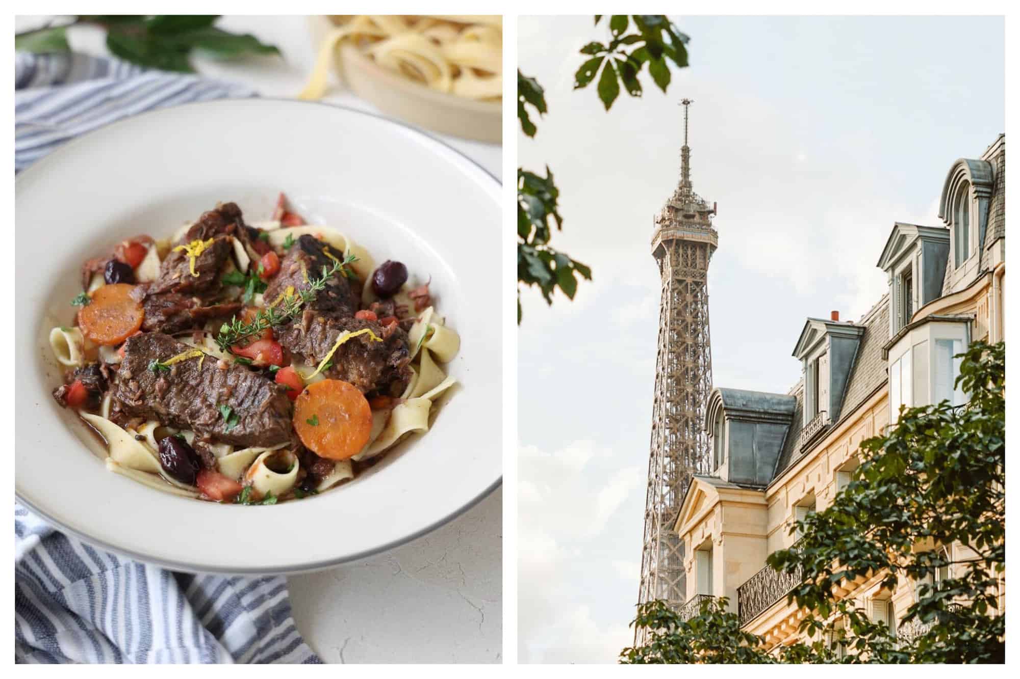 Left- A white bowl of beef and pasta with vegetables. Right- The Eiffel Tower peaks out from behind a Parisian building. 