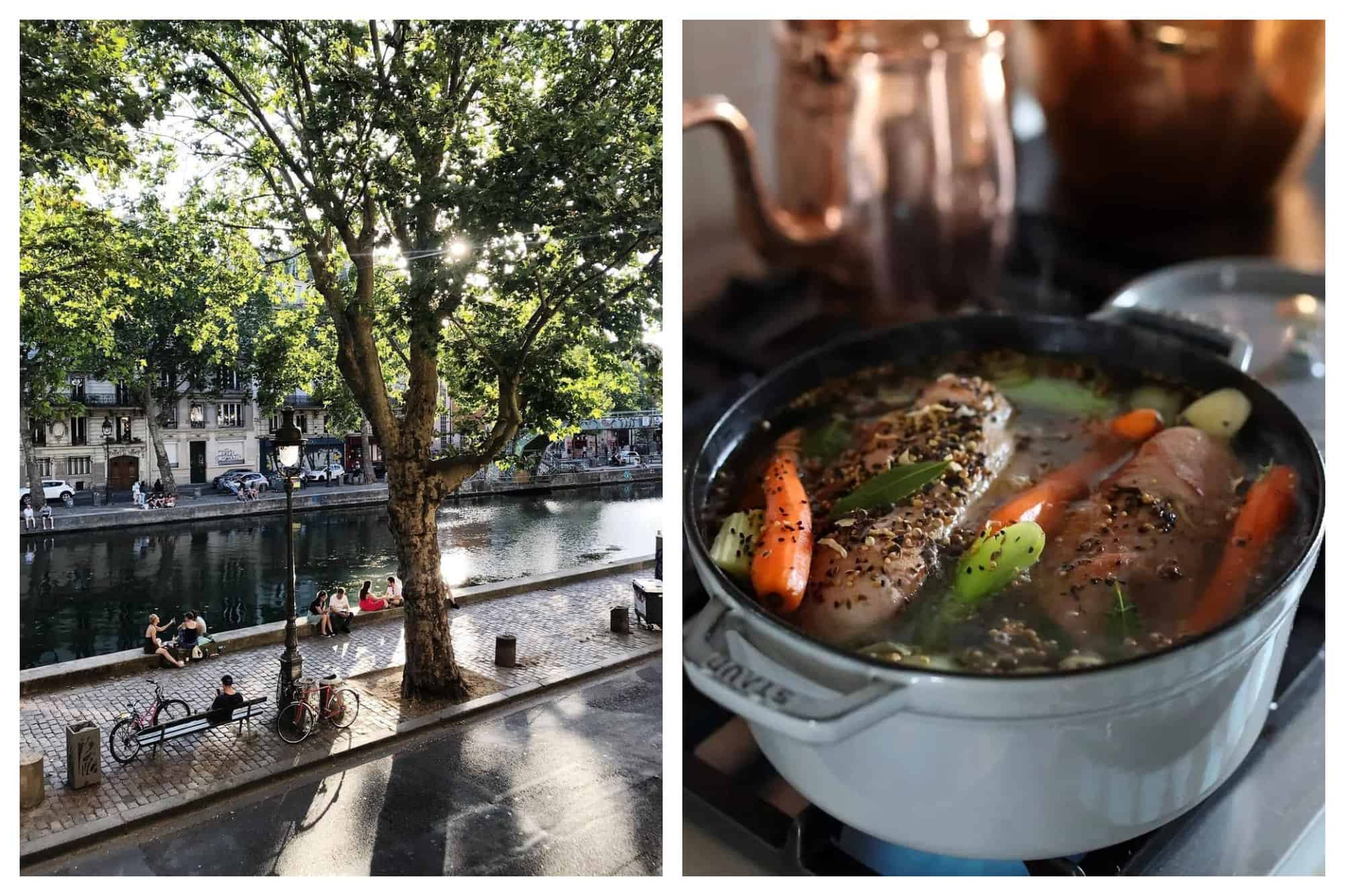 Left-Parisians walk and cycle along a canal. Right- Jarret de porc is shown in a white Staub pan. 