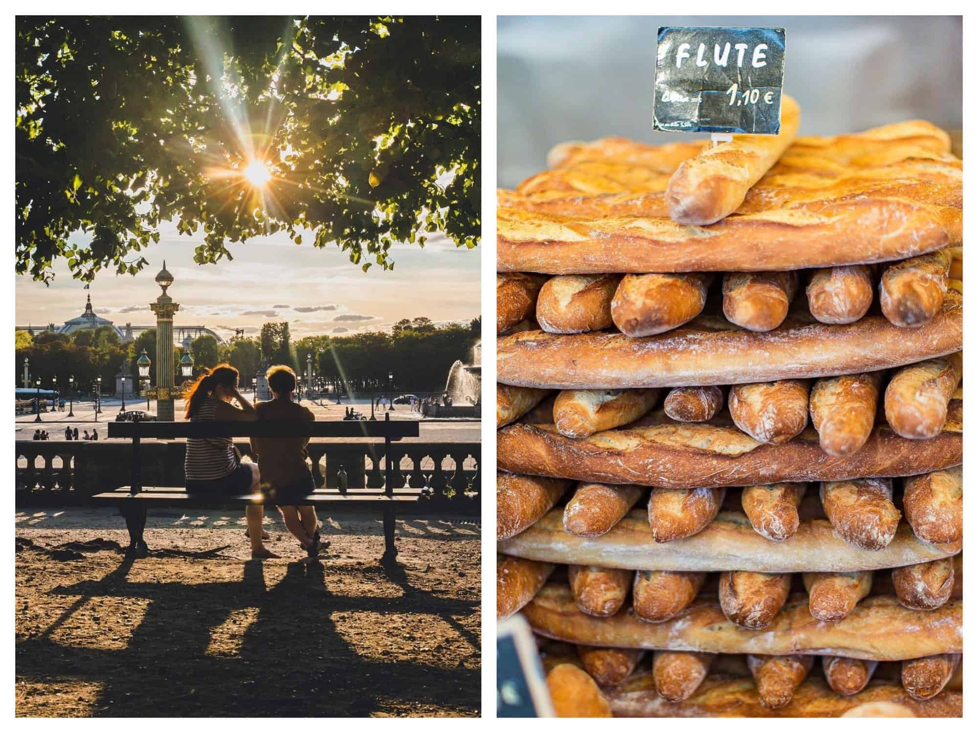 Left- A man and woman sit on a bench looking into the Paris sunset. Right- Fresh baguettes are piled on top of each other 