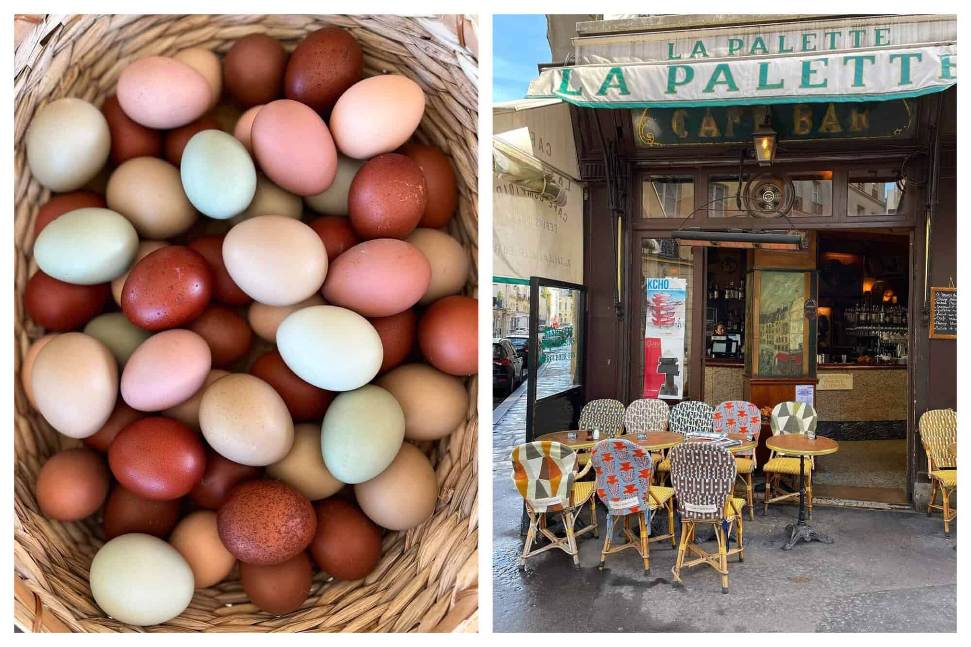 Left: A basket full of brown, pink, red, and blue eggs. Right: A café with dark wooden walls, colorful chairs, and wooden tables.