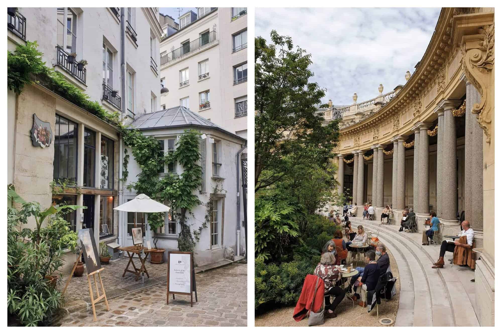Left: A courtyard with green crawling plants and a wooden table with a white parasol. Right: A building with golden decor and gray pillars.