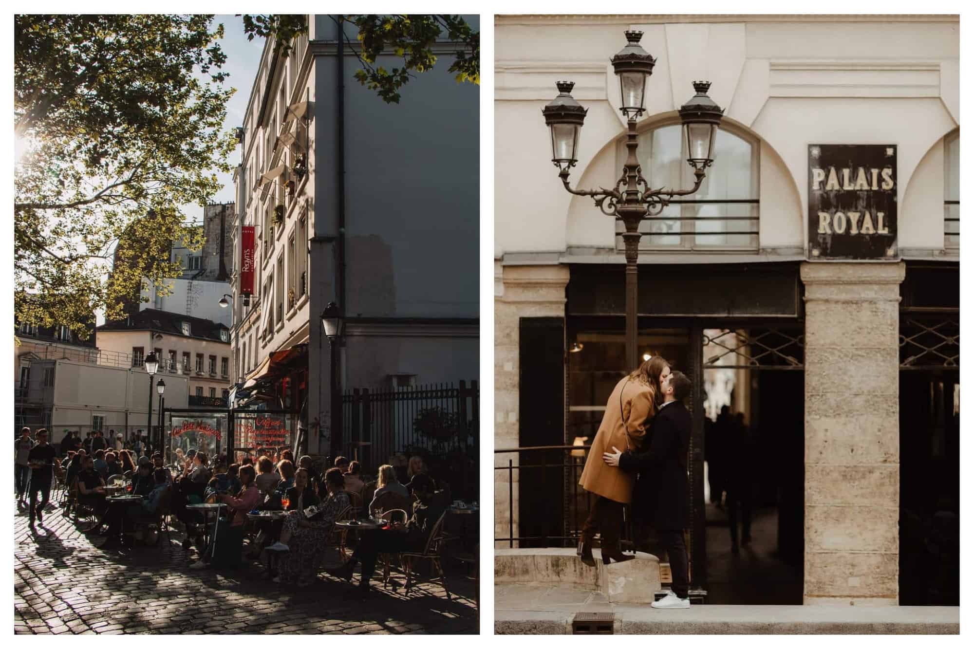 Left: Parisians are enjoying the sunset and their orange drinks in a terrace. Left: A woman in a beige coat and a man in black coat kisses each other.