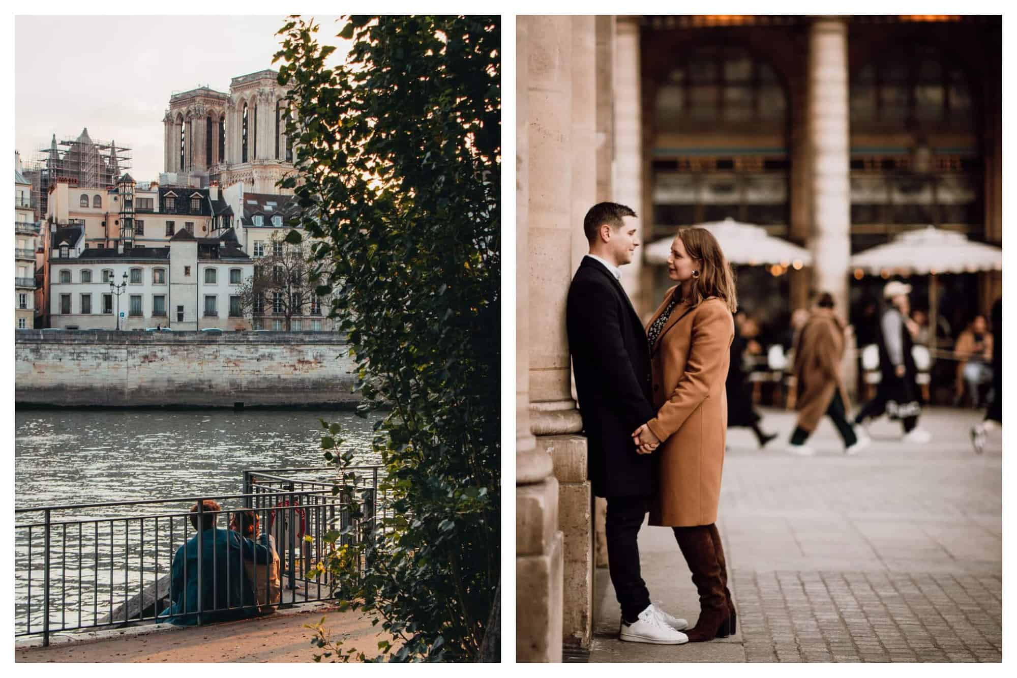 Left: A couple are sitting by the Seine river and looking at the Notre Dame. Right: A man in a black coat and a woman in a beige coat are looking at each other and holding hands.