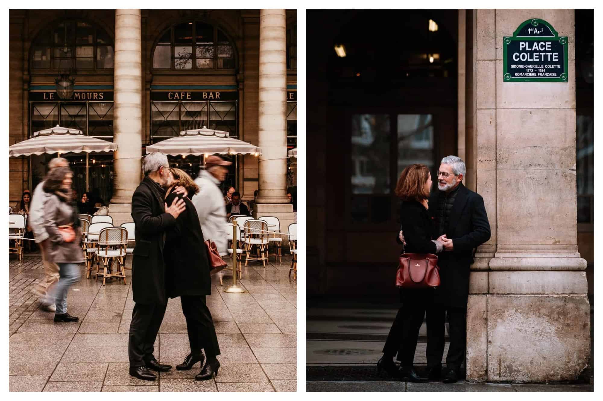 Right: A man and woman in black share a kiss in front of a Parisian café. Left: A man and woman in black are embracing each other beside a Parisian beige pillar.