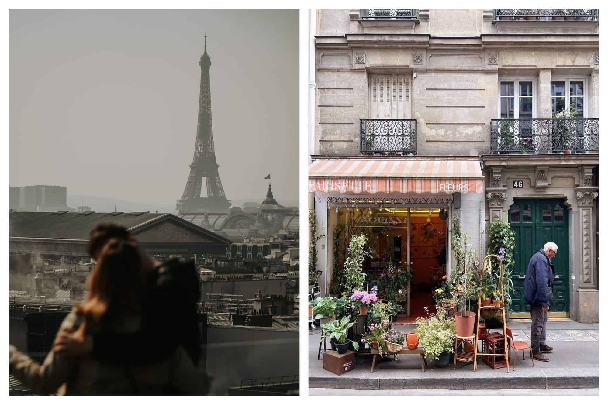 Left: A couple kiss in a gray day in Paris with the Eiffel Tower in the background. Right: A man with gray hair walks past a pink Parisian flower shop.