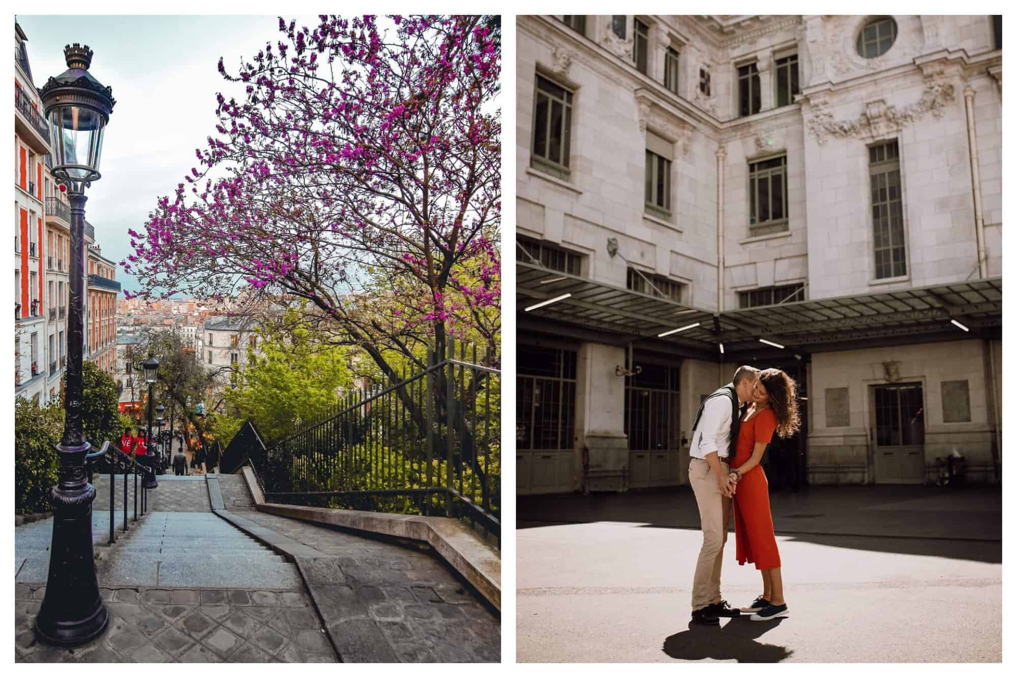 Left: A staircase in Montmartre with pink flowers blooming from a tree. Right: A man kisses a woman in the neck in front of a building.