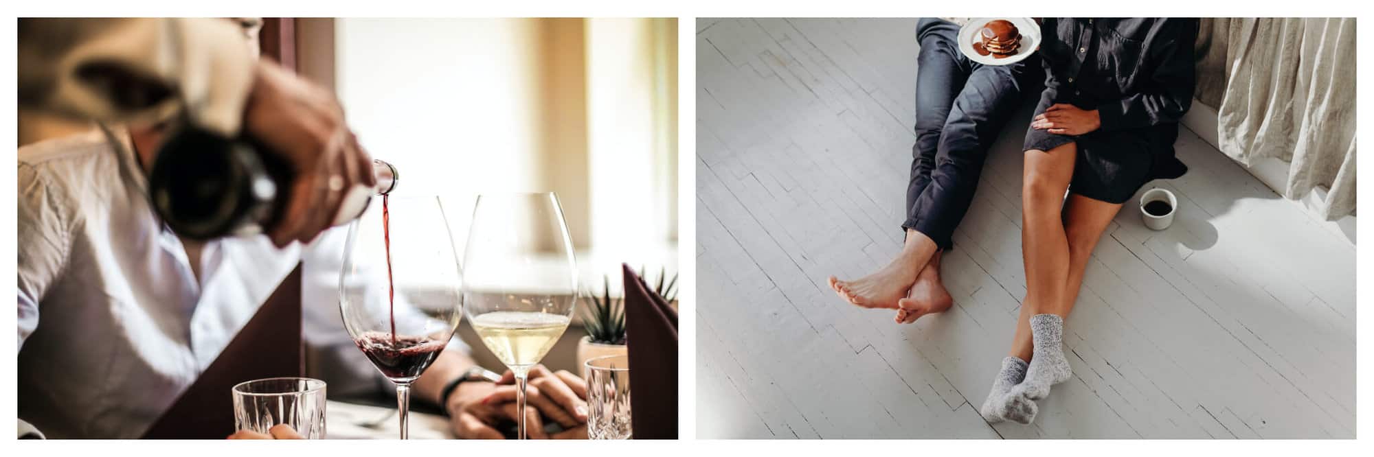 Left: A woman pours a man a red wine beside her glass of white wine. Right: A man and a woman, both wearing gray, are sitting on their bedroom floor for breakfast.