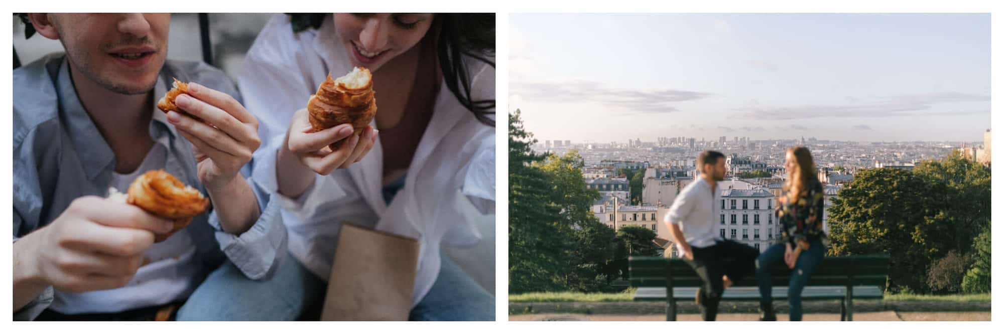 Left: A man and a woman are both eating their croissants. Right: A couple are sitting by a green bench overlooking the Parisian skyline.