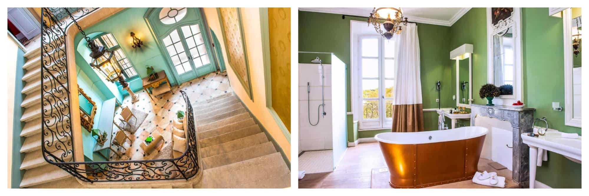 A winding staircase with turquoise walls and marble floors in Chateau de Rochegude. A copper plated roll top bath in the a chich bathroom with green walls.