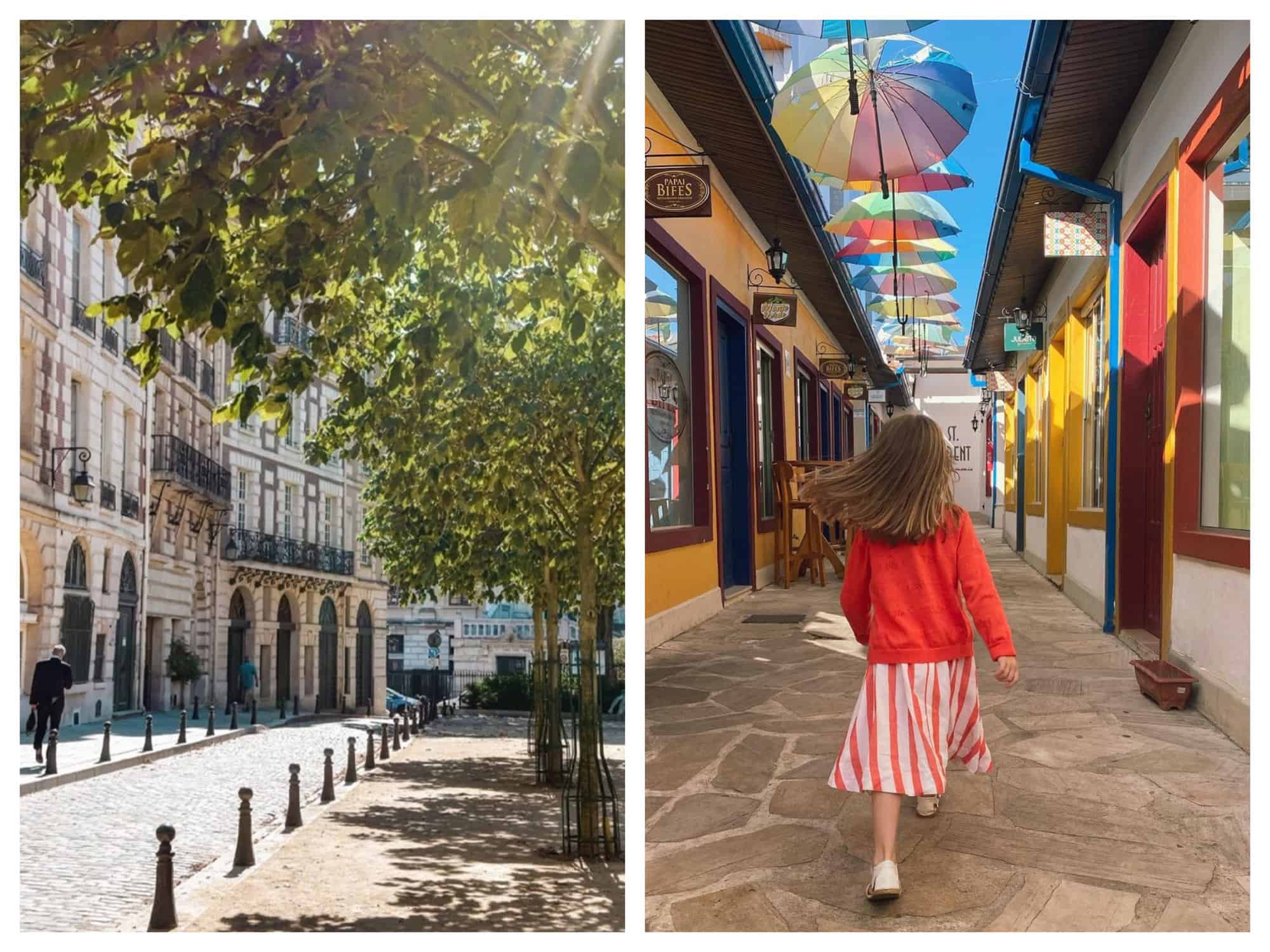Left: A cobbled street in Paris lined with beige buildings and green trees. Right: A girl in red walks in a street decorated with rainbow umbrellas.