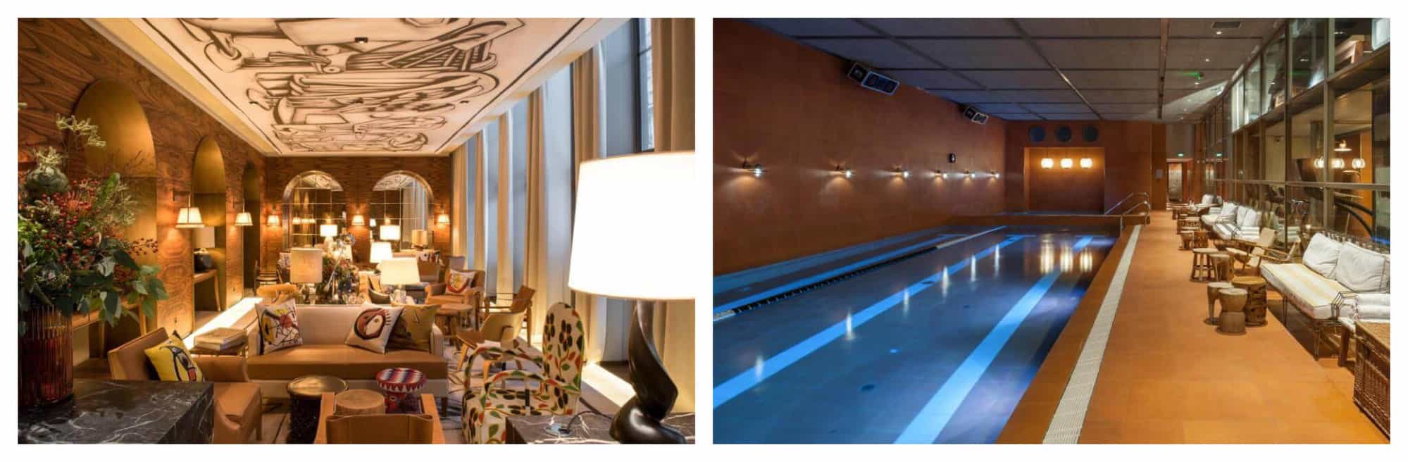 The extravagantly decorated lounge at Brach has ambient lighting and colourful soft furnishings. The long blue pool has a mirrored wall and loungers alongside.
