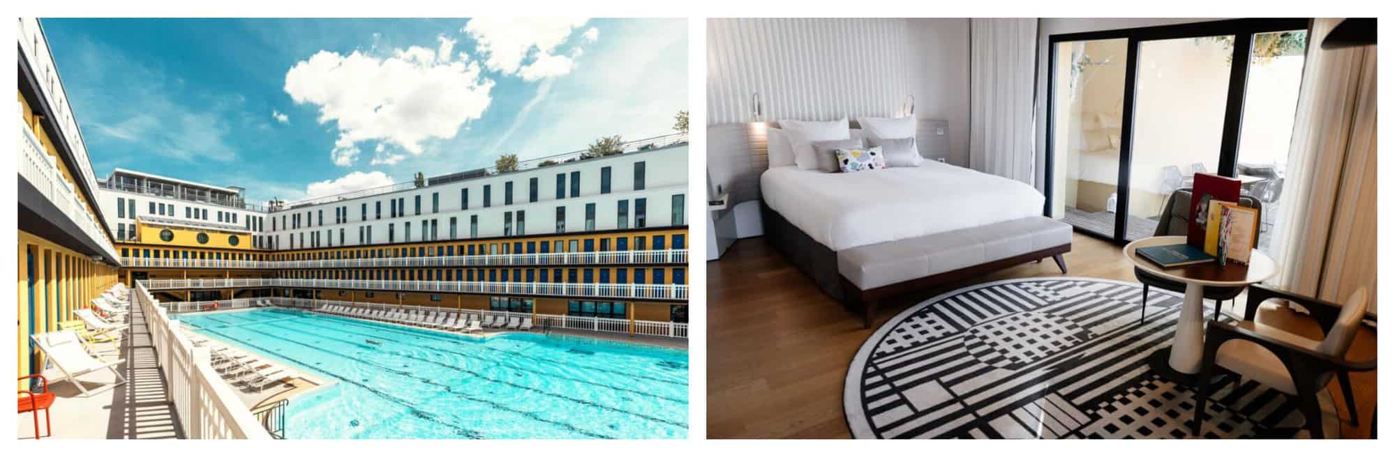 The large turquoise open air pool of Hotel Molitor surrounded by the white and yellow walls of the hotel. A modern executive room decorated in black and white with a balcony.