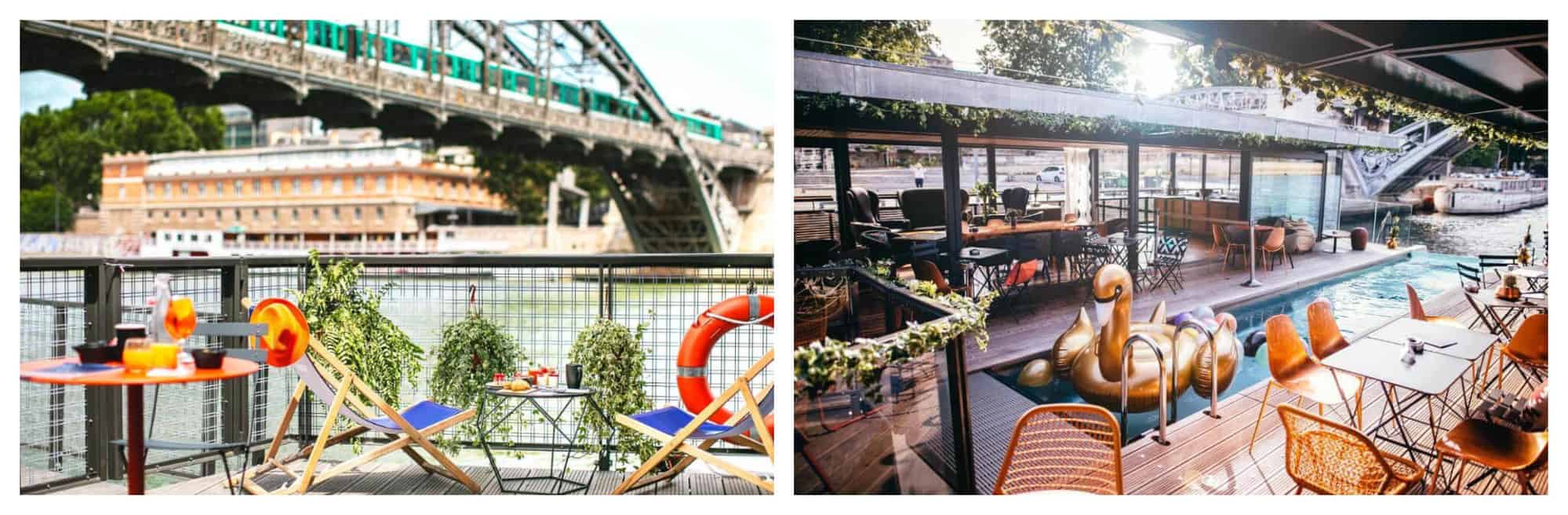Left: A terrace with blue chairs and orange tables and a view of a green Parisian train passing by a bridge. Right: A brown swan buoy floating on a blue pool in the middle of a restaurant.
