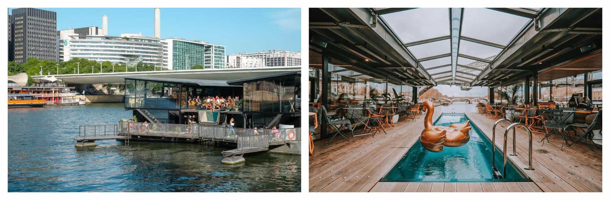 Left: A boat party by the river Seine. Right: A brown swan buoy floats in a blue vertical pool with wooden floors.