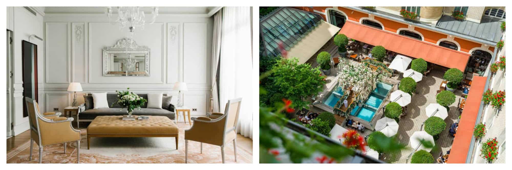 Classical decor in the naturally lit suite at Le Royal Monceau with leather armchairs and long sofa and glass chandelier. An aerial shot of the pool and terrace has green plant pots and white umbrellas with a terracotta awning.