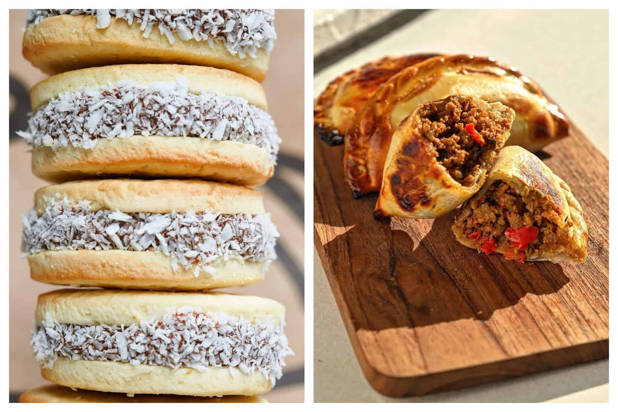 Left: White cookies filled with a brown filling called dulce de leche covered in white coconut flakes. Right: Bronzed empanadas on a wooden plank filled with ground beer and red peppers. 