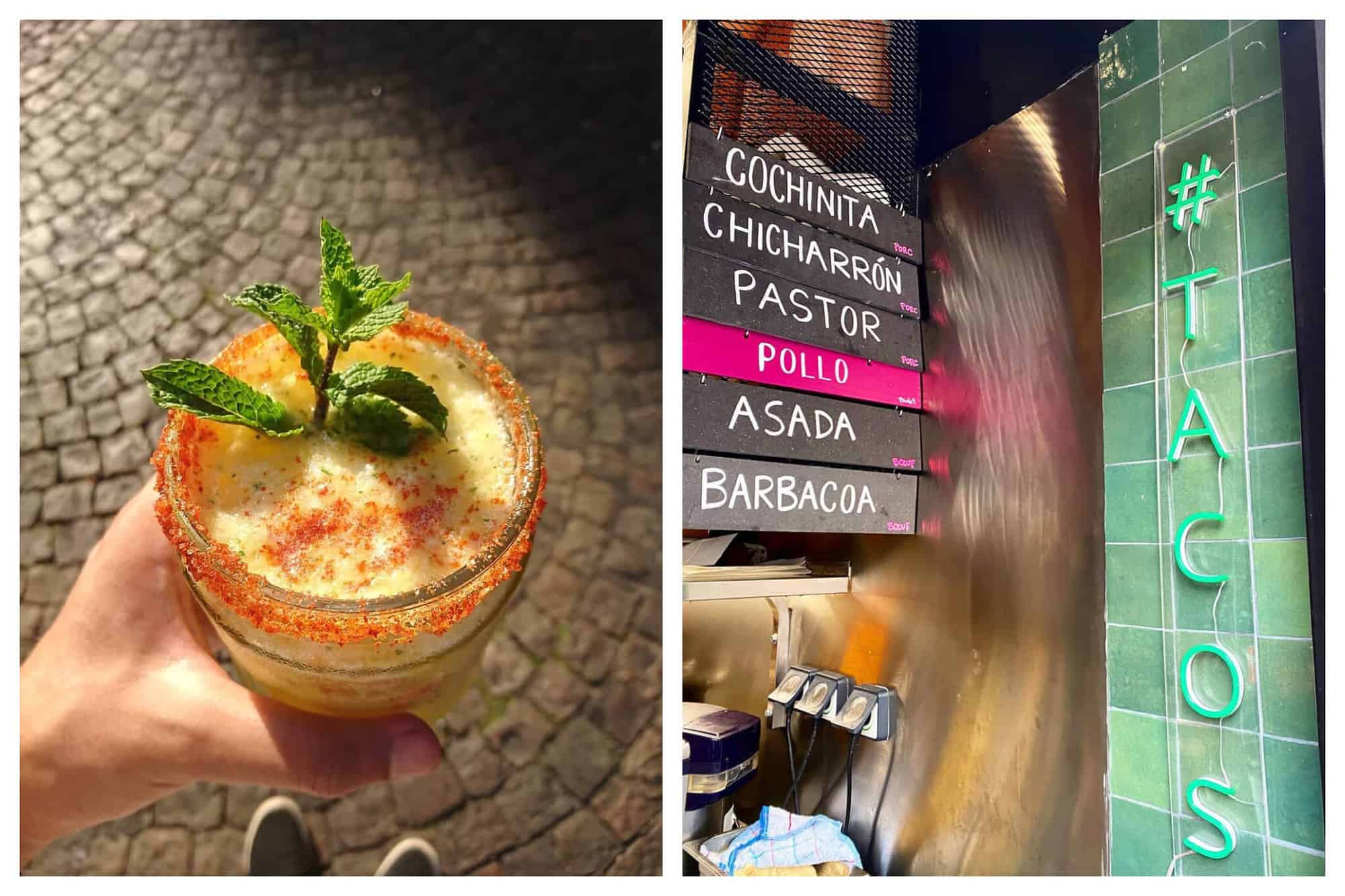 Left: A yellow margarita with red spices on the rim of the glass and some mint leaves on top. Right: A green mosaic wall next to a black and pink menu listing the different tacos. 