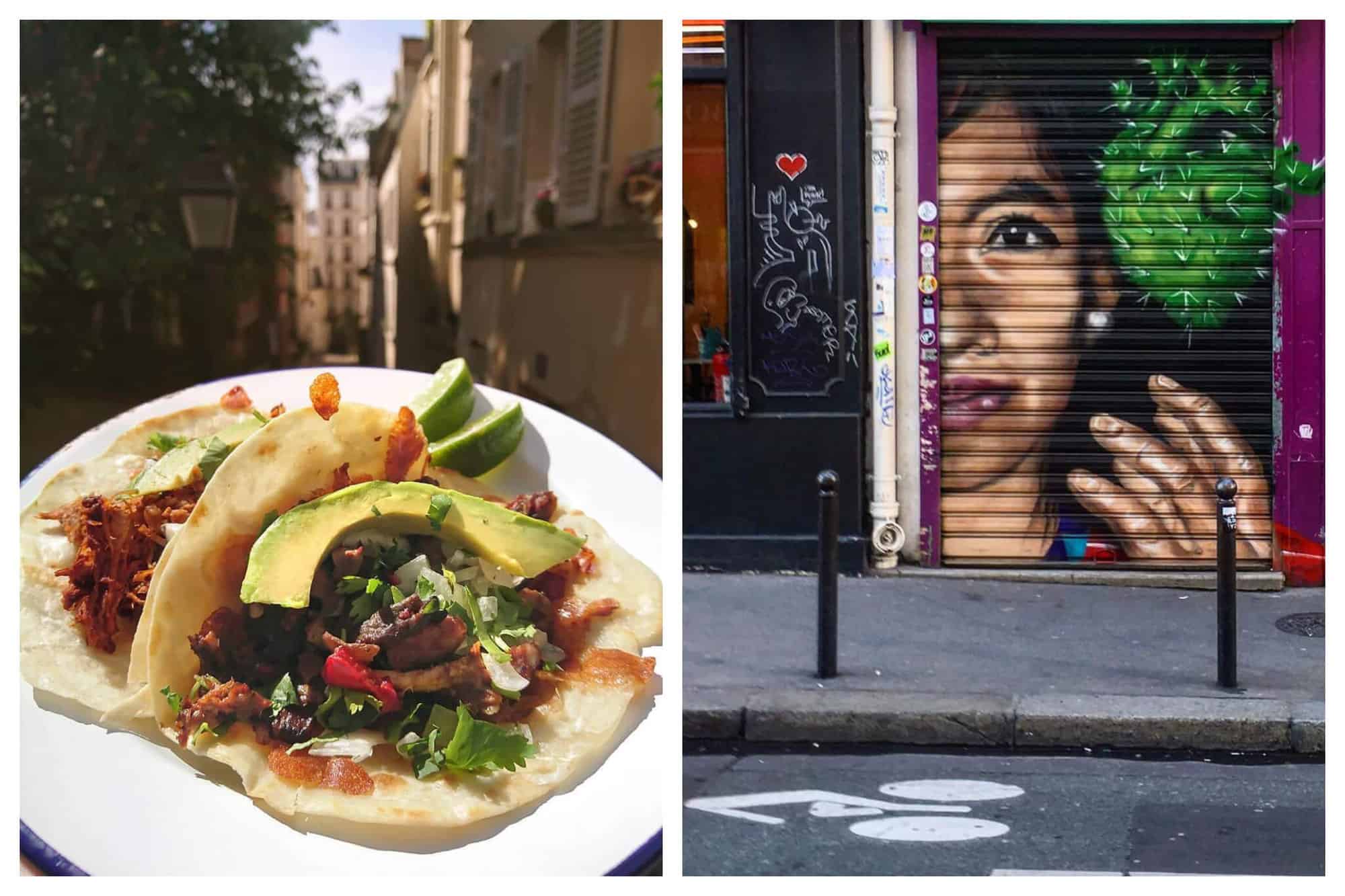 Left: Meat tacos on a white tortilla with lime, avocado and cilantro. Right: A mural of a woman's face and a green realistic heart drawn as if made out of cactus.