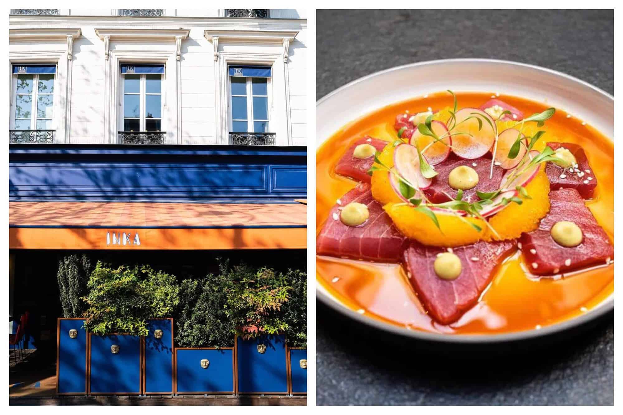 Left: The outside of a blue restaurant with an orange awning and green bushes. Right: A plate of raw pink fish with yellow fruit and on top of an orange sauce. 