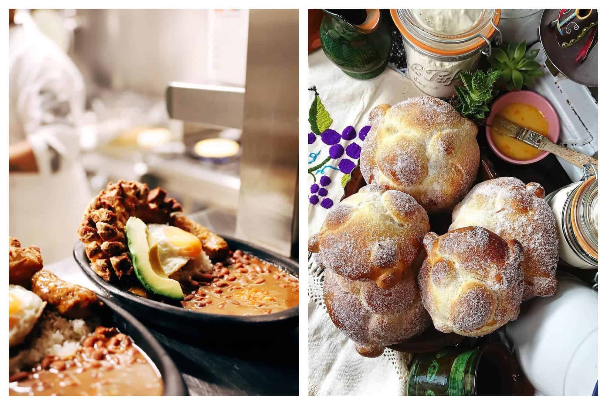 Left: A Colombian plate made of red beans, pork rinds, white rice, a fried egg and a slice of avocado. Right: White sweet bread covered in powdered sugar on a white mantlepiece with purple grapes.