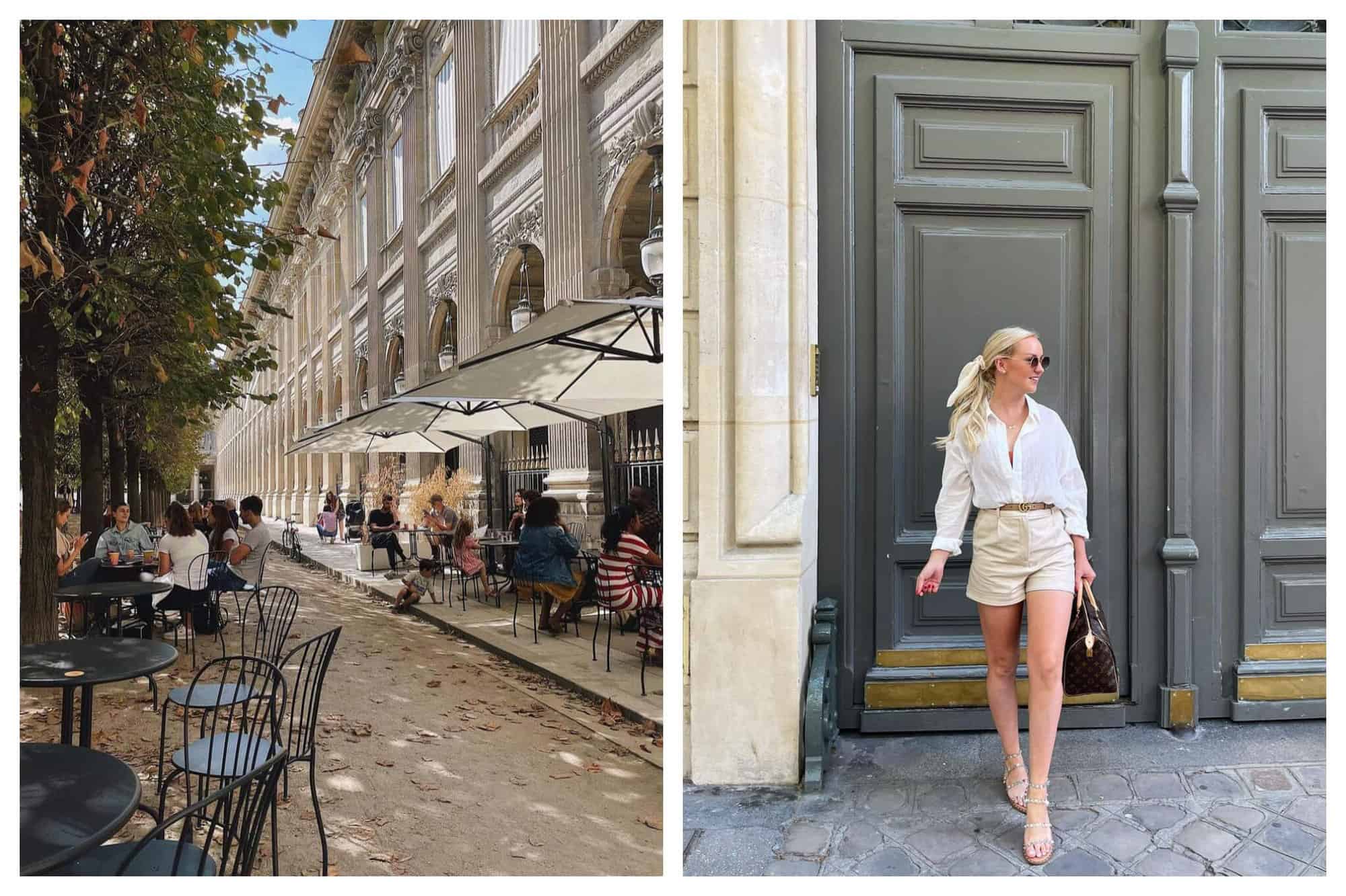 Left: a Paris Cafe in the royal gardens with outdoor seating between trees and the buildings, Left: a woman standing in front of a french apartment door wearing a white button up and tan shorts
