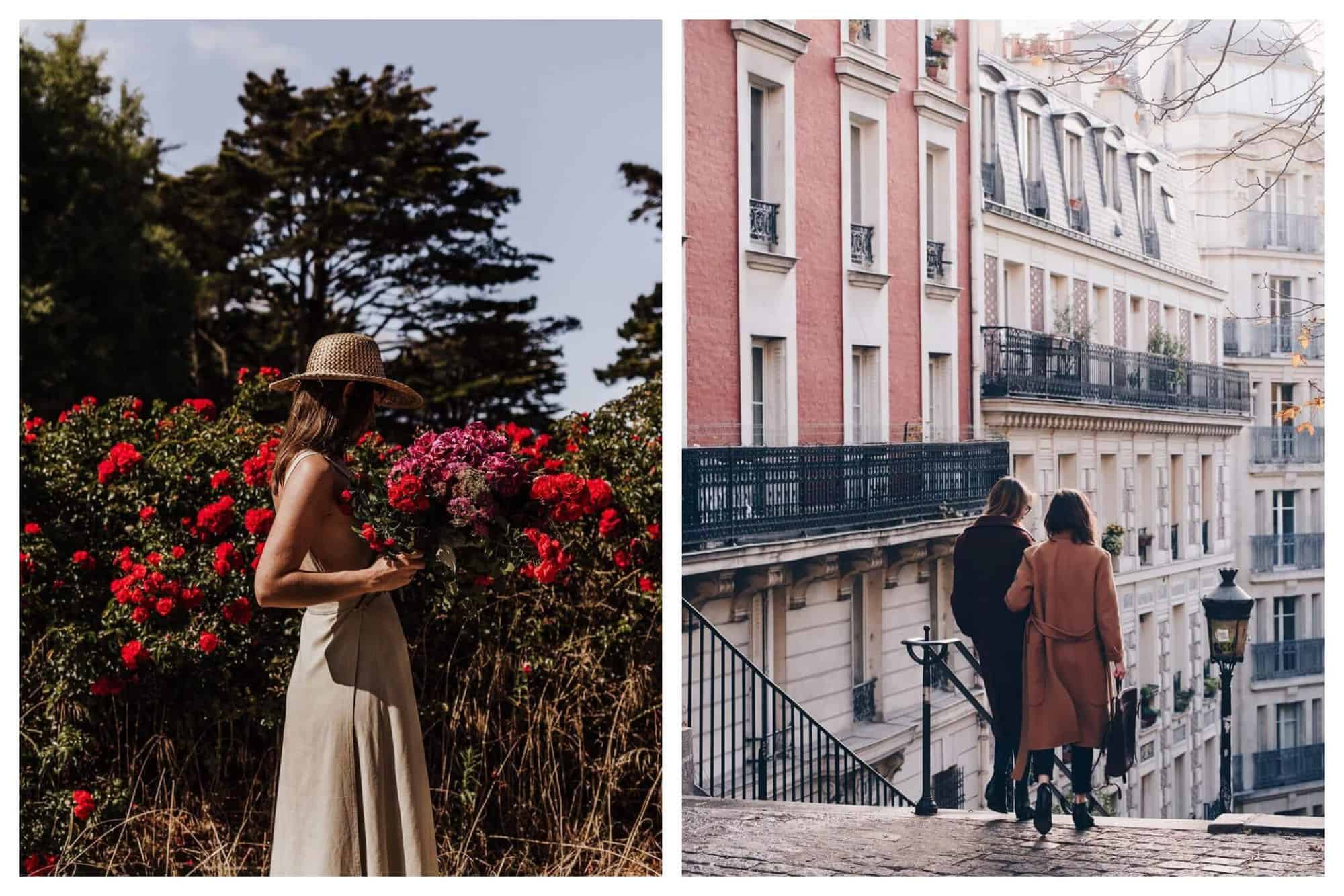 Left: a woman standing in a field of red flowers, wearing a maxi dress and a sun hat, Right: two women walking down steps in Paris, wearing trench coats