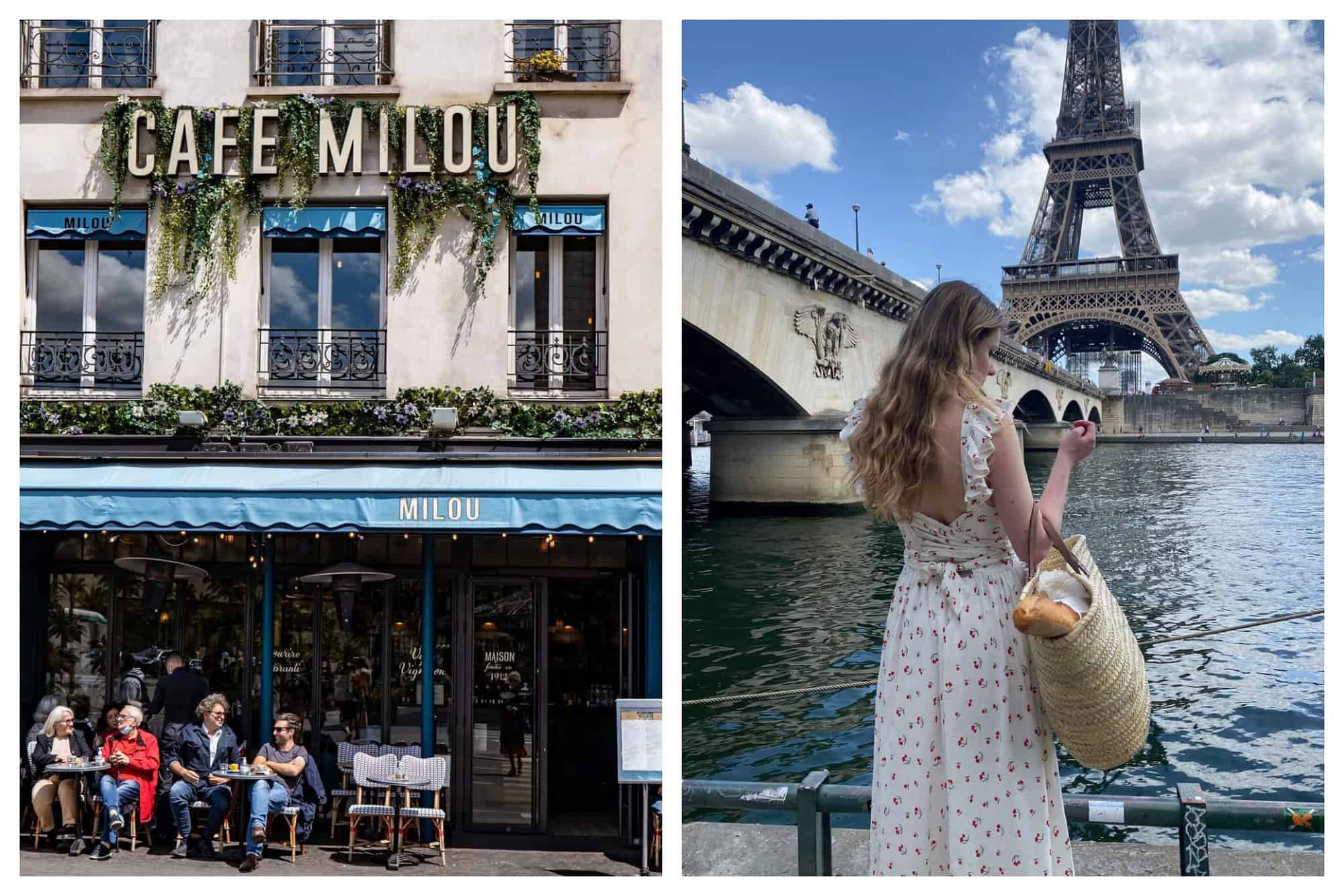 Left: café Milou in Paris, Right: a woman standing in front of the Eiffel Tower and The Seine in a white and red patterned maxi dress with a baguette in her bag