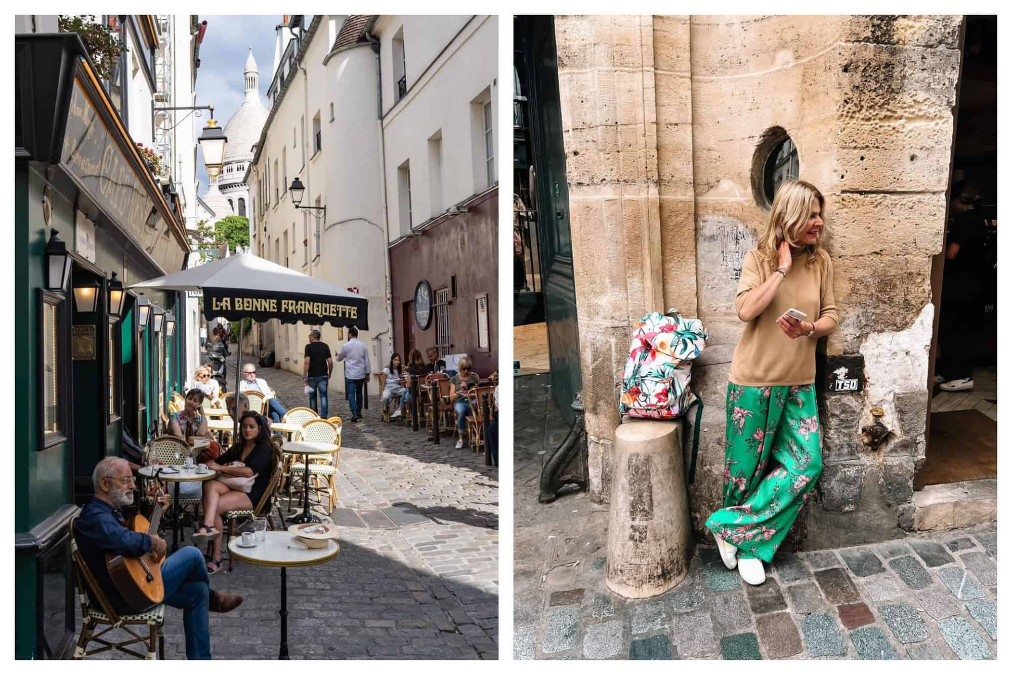 Left: Paris street with cafes and the Sacre Cœur in the background, a man plays a guitar, Right: a woman wearing green and pink patterned pants and a tan sweater standing against a stone wall