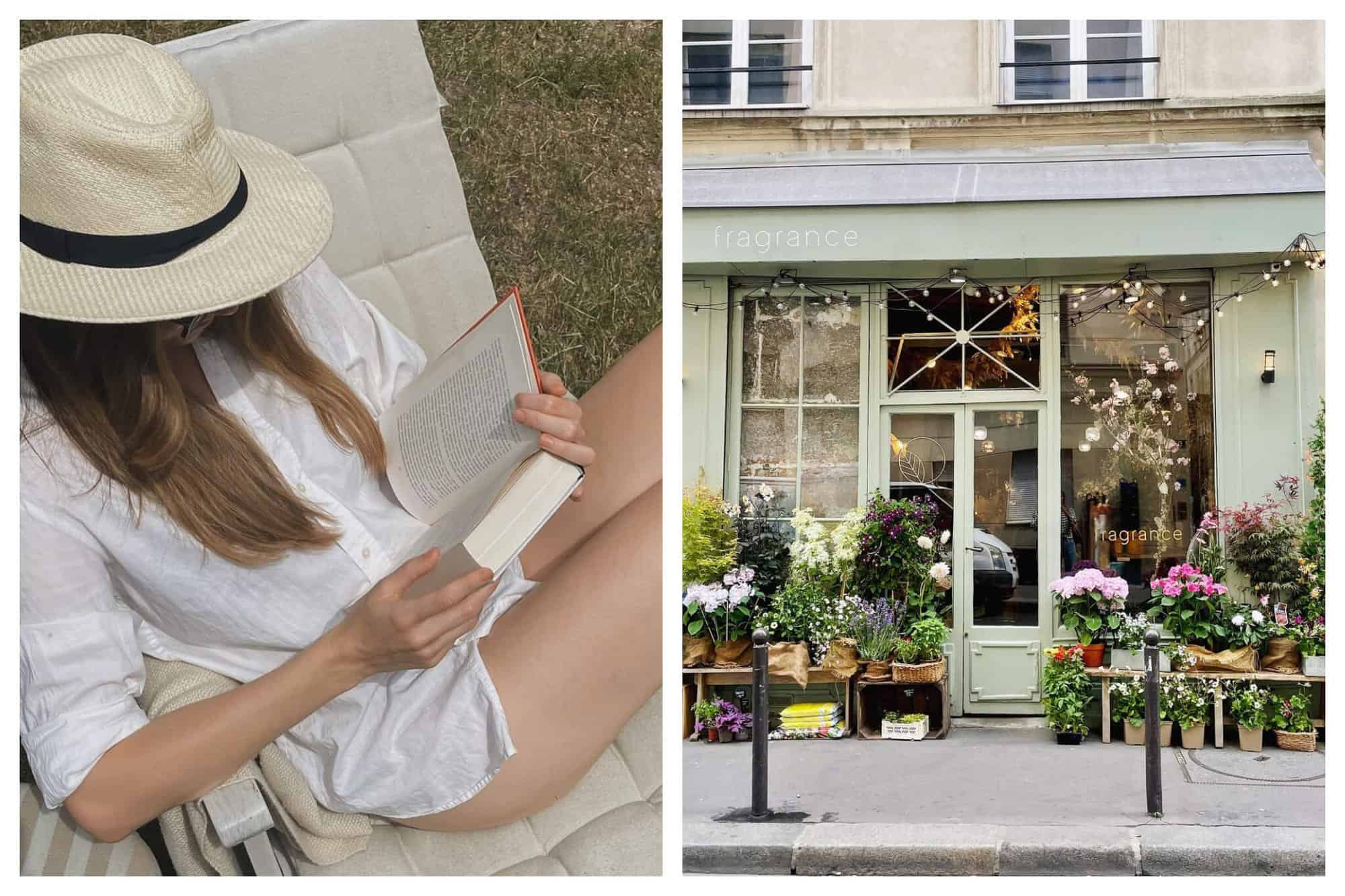 Left: woman sitting in a chair in a white linen button-up shirt reading a book with her head covered by a sun hat, Right: Paris flower shop